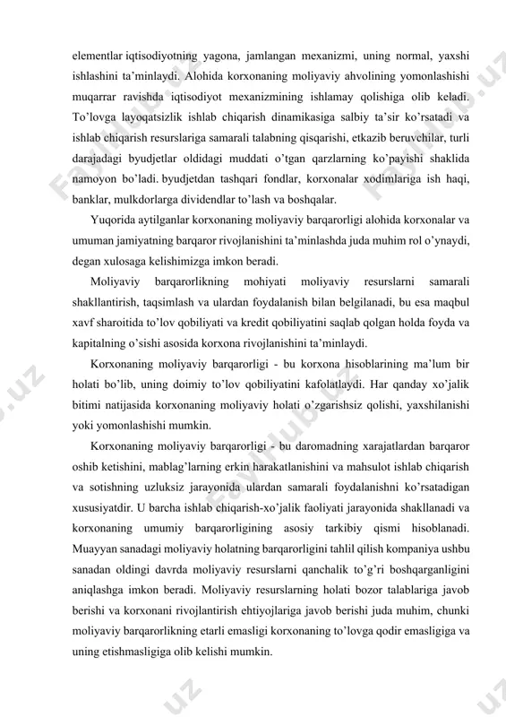 tli istiqbolda kompaniya egalari va kreditorlari manfaatlarining muvozanati, shuningdek kompaniyaning moliyaviy siyosatining qarz mablag’lariga bog’liqligi darajasini belgilaydi. uning to’lov qobiliyati. xo’jalik yurituvchi sub’ektning muvaffaqiyatli faoliyat yuritishi, ma’lumki, uning moliyaviy-xo’jalik faoliyati natijalariga bog’liq. shu munosabat bilan korxona faoliyatining barcha sohalari va uning rivojlanish istiqbollarini tanqidiy tahlil qilishda erishilgan natijalarni baholashi kerak. shu maqsadda korxonaning moliyaviy holatini tahlil qilishdan foydalaniladi, bu xo’jalik faoliyatining ayrim tomonlarini to’liq ochib beradi va aniqlangan muammolarni hal qilishning samarali usullarini topishga yordam beradi. korxonaning moliyaviy holatini diagnostikasi tahlilni o’z ichiga oladi butun tizim turli ko’rsatkichlar, ular orasida eng muhim rol moliyaviy barqarorlik tahliliga tegishli. ochiq buxgalteriya hisobi va moliyaviy ma’lumotlar asosida kompaniyaning moliyaviy barqarorligini baholash, etkazib beruvchilar va xaridorlar hamkorlik qilish imkoniyati to’g’risida ob’ektiv boshqaruv qarorlarini qabul qilishlari mumkin, ishtirokchilar (aktsiyadorlar) - ularning rentabelligini baholash uchun. moliyaviy investitsiyalar, shuningdek foydalanish yo’nalishlari sof foyda, menejerlar - faoliyat samaradorligini oshirish uchun zaxiralarni aniqlash va investitsiya faoliyati va ular asosida …