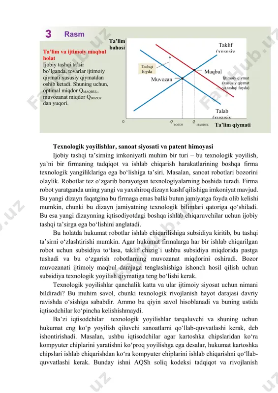 k va yuqori maoshga olib keladi. ushbu uchta ijobiy ta’shqi ta’sir sabab, odamlar ko‘proq ta’lim olgan qo‘shnilari bor bo‘lishini xohlaydi. ijobiy ta’shqi ta’sirlar tahlili salbiy ta’shqi ta’sirlar tahliliga o‘xshaydi. 3-rasmda ko‘ringanidek, talab chizig`i jamiyat uchun tovar qiymatini aks ettirmaydi. ijtimoiy qiymat xususiy qiymatdan yuqori bo‘gani sababli, ijtimoiy qiymat chizig`i talab chizig`idan yuqori bo‘ladi. maqbul miqdor ijtimoiy qiymat va taklif chizig`i (harajat) kesishgan nuqtada bo‘ladi. shunday ekan, ijtimoiy maqbul qiymat xususiy bozor aniqlagan miqdordan yuqori bo‘ladi. yana bir marta, hukumat bozor ishtirokchilarini tashqi ta’sirni o‘zlashtirishiga undab bozor muvaffaqiyatsizligini to‘g`rilashi mumkin. ijobiy tashqi ta’sirlar holatidagi to‘g`ri javob, xuddi salbiy tashqi ta’sirlar holatining teskarisi bo‘ladi. bozor muvozanatini ijtimoiy maqbul darajaga yaqinlashtirish uchun, ijobiy tashqi ta’sir subsidiya kiritishni talab qiladi. aslida ham, bu hukumatning amaldagi siyosatining o‘zginasi: ta’lim davlat maktablari va hukumat grantlari asosida subsidiya bilan ta’minlanadi. xulosa qilish uchun: salbiy tashqi ta’sirlar bozorlarni ijtimoiy zaruriyatdan ko‘proq, ijobiy tashqi ta’sirlar bozorlarni esa kamroq miqdorda …
