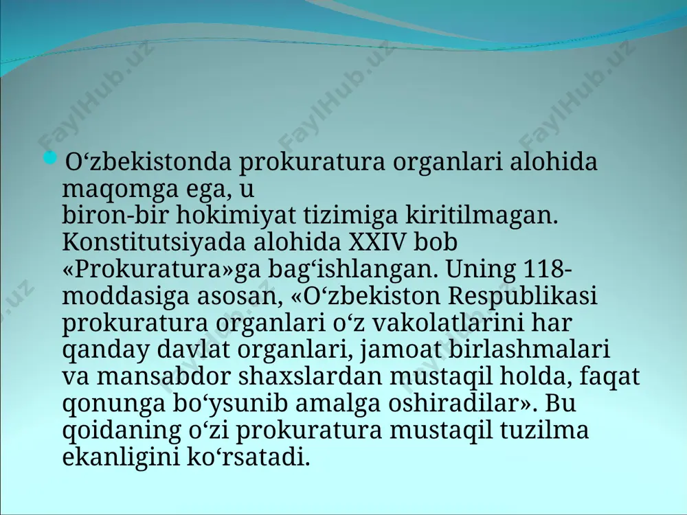 ishi ustidan nazorat qilish; � yettinchi yo‘nalish — qonun ijodkorligi faoliyatida hamda jamiyatda huquqiy madaniyatni yuksaltirish ishida ishtirok etish. ko‘rinib turibdiki, prokuratura faoliyati ko‘pqirrali va juda keng. uni boshqarish uchun tegishli tizim va tarkibiy bo‘limlar shakllantiriladi. keyingi paytda prokuratura organlari oldiga yangi vazifalar qo‘yilmoqda. uning tarkibida «majburiy ijro byurosi» tashkil qilinib, xalq farovonligini oshirish, davlat budjetini kuchaytirish borasida ularga keng vakolat yuklandi. prokuraturaning davlat organlari tizimidagi o‘rnini ularning alohida vazifasi borligi, o‘zini alohida ish uslubiga egaligi va har qanday davlat organlari, jamoat birlashmalari va mansabdor shaxslardan mustaqil holda, faqat qonunga bo‘ysinib ish olib borishi belgilaydi bu konstitutsiyaning 120-moddasida qonuniy belgilanib, unga asosan: “o‘zbekistan respublikasi prokuratura organlari o‘z vakolatlarini har qanday davlat organlari, jamoat birlashmalari va mansabdor shaxslardan mustaqil holda, faqat qonunga bo‘ysunib amalga oshiradi”. konstitutsiya va qonunda prokurorlarni mustaqilligini ta'minlovchi bir necha qoidalar belgilab qo‘yilgan. shu 120-moddada “prokurorlar o‘z vakolatlari davrida siyosiy partiyalarga va siyosiy maqsadlarni ko‘zlovchi boshqa jamoat birlashmalariga …