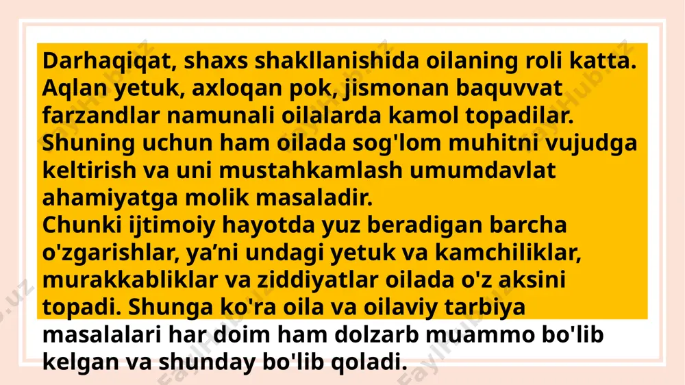 qaruvidan ota-onalar bir-birining farzandlarini huddi o‘zinikiday his qilishadi. ota-onalar har bir sohalarda qatnashishi, boshqaruv, tashkiliy ishlar malakali o‘qituvchilar tomonidan qollab-quvvatlanadi. ushbu qo’llab quvvatlash maktabgacha bo'lgan bolalarni hayotning har bir jabhalarida zehnli, bilimga kuchli qilib tarbiyalashda yordam beradi. maktablarda fanlar bolalarni o‘zlarining akademik bilimlarini ijtimoiy, ruhan va jismonan sinfonalarda oshirib borish uchun moljallangan. bu esa kichik yoshdan, ya’ni 1 yoshdan 5 yoshgacha bo'lgan bolalar uchun imkoniyatdir. o‘qituvchi ularga sa’nat, mahorat, musiqa va boshqa fanlarni o‘rgatadi. maktabgacha ta’lim o‘quvchilari o‘zlarining qiziqishlariga qarab xatolarni to‘g‘rilash va hissiyotlari bilan o‘zlarini so‘zlari orqali bog‘lanish o‘rgatiladi. oila” deb nom olgan mo'jaz maskan umrimizga mazmun, hayotimizga fayz beribgina qolmay, jamiyat ravnaqi, yurt taraqqiyotida ham muhim o'rin tutadi. ayni chog'da jamiyatning eng og'riqli nuqtasi - barobod bo'layotgan oilalar hususida so'z borganida, begunoh farzandlar taqdiri kishini beixtiyor tashvishga soladi. negaki, ota-onaning ajralishidan murg'ak qalb egalari hammadan ko'proq aziyat chekadi, ko'ngli kemtik holda ulg'ayadi. oilasi parokandalikka yuz tutgan shaxslarning aksariyati …