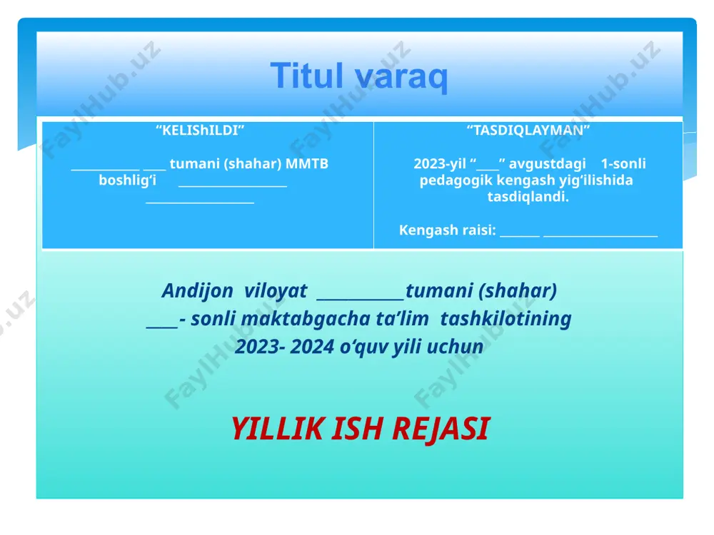 ʻini muhofaza qilishni tashkil etish tartibi toʻgʻrisida nizom”, “mehnatni muhofaza qilish va texnika xavfsizligi” yoʻriqnomalari, maktabgacha taʼlim tashkilotining “jamoa shartnomasi” va “ichki mehnat tartibi qoidalari”, “yongʻin havfsizligi qoidalari”) bilan tanishtiriladi. ikkinchi umumiy ishlab chiqarish yigʻilishi oʻquv yili yakunida oʻtkaziladi. kun tartibiga oʻquv yili yakuni hisoboti, mttda yozgi sogʻlomlashtirish mavsumiga tayyorgarlik ishlarining belgilangan reja asosida olib borilishi, guruhlarning yozgi sogʻlomlashtirish mavsumi rejasini tasdiqlash, mavsumga doir tavsiyanomalar bilan tanishtiriladi. zaruratga qarab, navbatdan tashqari yig‘ilishlar rejalashtirish mumkin. 4-ii. umumiy ishlab chiqarish yig’ilishlari rejasi t/r ish mazmuni mas’ullar bajarilganligi haqidagi belgi 1 mttda pedagogik jarayonni nazorat qilish bo‘yicha 3 ta jadval berilgan. ish rejaga frontal, mavzuli, qiyosiy nazorat turlari kiritiladi. nazorat turlari oʻquv yili davomida guruh sonidan kelib chiqqan holda rejalashtiriladi. mtt guruhlarida oʻtkaziladigan nazorat turlari rejasi pedagog kengashlar yoki metodist burchagida pedagoglar uchun joylashtiriladi. nazorat ishlari — mtt direktorining buyrugʻi asosida nazorat oʻtkazish boʻyicha aniq muddati koʻrsatilgan holda tasdiqlangan ishchi guruh tomonidan amalga …