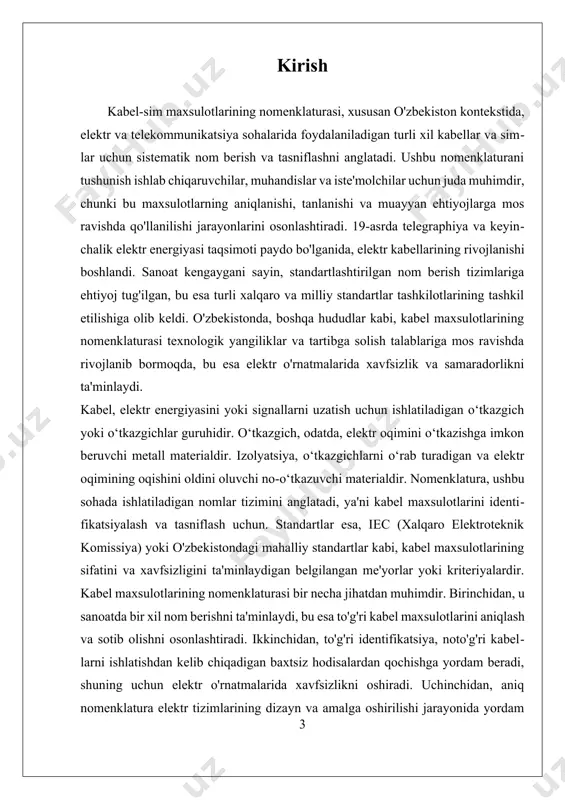 chimlarini shahar rivojlanishi va yangilanadigan energiya loyihalarida amalga oshirish bilan bog'liq misollar, to'g'ri nomenklaturaning amaliy ahamiyatini ko'rsatadi. shuningdek, materialshunoslik, ekologik muhandislik va telekommunikatsiya kabi sohalar bilan interdisciplinar aloqalar kabel maxsulotlari tushunish va foydalanishni rivojlantirishda muhimdir. xulosa qilib aytganda, kabel maxsulotlarining nomenklaturasi elektr va telekommunikatsiya sanoatining muhim komponentidir. u xavfsizlik, samaradorlik va standartlashtirishni ta'minlashda muhim rol o'ynaydi. texnologiya davom etayotgan sari rivojlanayotgan nomenklatura tizimlari ham shunday bo'lishi kerak. sanoat ishtirokchilari o'rtasidagi tadqiqot va hamkorlik davom etayotgan muammolar va bo'shliqlarni bartaraf etishda muhim ahamiyatga ega, bu esa ushbu sohada kelgusi rivojlanish uchun yo'l ochadi. i. o'zbekistonda kabel-sim nomenklaturasining tarixi 1.1 o'zbekistonda kabel-sim nomenklaturasining tarixi o'zbekistonda kabel-sim nomenklaturasining tarixi, mamlakatning elektr va telekommunikatsiya sohalaridagi rivojlanishi bilan chambarchas bog'liqdir. ushbu nomenklaturaning kelib chiqishi 19-asrning o'rtalariga, ya'ni elektr energiyasini uzatish va telekommunikatsiya tizimlarining paydo bo'lishi bilan bog'liqdir. o'zbekistonda kabel-sim mahsulotlarining nomenklaturasini shakllantirish va rivojlantirish jarayoni, avvalo, davlatning iqtisodiy va texnologik taraqqiyotiga bog'liq bo'lgan muhim bosqichlarni …