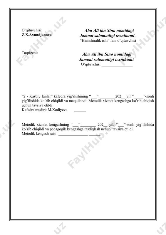 i qo‘llash ko‘nikmalari va hamshiralik parvarishi o‘quv mashg‘ulotining maqsadi: dori moddalarini tashqi va ichki usulda qo‘ldash ko‘nikmalari to‘g‘risida bilimlarini rivojlantirish. o‘qitish natijasi: dori moddalarini tashqi va ichki usulda qo‘ldash ko‘nikmalari to‘g‘risidagi bilim kompetensiyasiga ega bo‘ladi. pedagogik vazifalar 1. ko‘rsatmalar varaqasidan dori moddalarini tanlash va ro‘yxatga olish. 2. dori moddalarini qabul qilish uchun talabnoma yozish. 3. dori moddalarini yuborish uchun bemorga sharoit yaratish va kerakli jihozlarni tayyorlash. 4. dori moddalarini peroral va sublingval usulda yuborish va hamshiralik parvarishi. 5. dori moddalarini tashqi va ichki usulda qo‘llashda bemorga sharoit yaratish va kerakli jihozlarni tayyorlash. 6. dori moddalarini tashqi va ichki qo‘llash ko‘nikmalari va hamshiralik parvarishi o‘quv faoliyat natijalari 1. ko‘rsatmalar varaqasidan dori moddalarini tanlash va ro‘yxatga oadi. 2. dori moddalarini qabul qilish uchun talabnoma yozadi. 3. dori moddalarini yuborish uchun bemorga sharoit yaratish va kerakli jihozlarni tayyorlaydi. 4. dori moddalarini peroral va sublingval usulda yuborish va hamshiralik parvarishlaydi. 5. dori moddalarini tashqi …