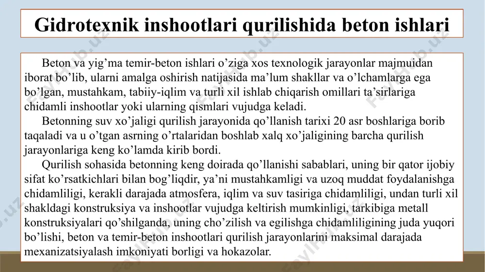 hishi bilan harakterlanadi. inshootlardagi beton hajmi atagi bir necha m3 dan bir necha ming m3 gacha bo’lishi mumkin. inshootlarning tarqoq joylashishi, o’z navbatida beton ishlarini tashkil qilish jarayonida bir qator qiyinchiliklarni yuzaga keltiradi. shu bois, ko’pchilik hollarda ba’zi gidrotexnik inshootlarni holis betonga nisbatan yig’ma temir-beton konstruksiyalaridan tiklash maqsadga muvofiqdir. beton ishlari majmui tarkibiga beton qorishmasini tayyorlash va uni yotqizish joyiga tashish, qoliplarni va armaturalarni o’rnatish, qorishmani uzatish va joylashtirish, zichlash va yotqizilgan betonni parvarishlash kabi ishlar kiradi. majmuaning ushbu elementlarini har biri o’ziga xos murakkab texnologik jarayonlardan iborat. gidrotexnik inshootlari qurilishida beton ishlari gidrotexnik inshootlari qurilishida beton ishlari umuman olganda xalq xo’jaligi ob’yektlarining foydalanish sharoitlariga bog’liq ravishda, ularni qurish jarayonida turli xil guruhlarga mansub, ya’ni o’ta yengil, yengil, og’ir va o’ta og’ir betonlar qo’llanilib kelinmoqda va ularning asosiy ko’rsatkichi bo’lgan zichligi 450 kg/m3 dan 2800 kg/m3 gacha bo’lishi mumkin. suv xo’jaligi ob’yektlari qurilishida holis beton sifatida yoki yig’ma temir-beton konstruksiyalarini …
