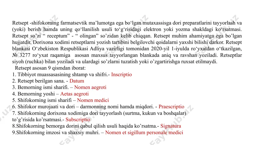 ankani pstki qismiga yoziladi. retsept 2 xil bo’ladi. agar bitta dori vositasi yozilsa, oddiy retsept deyiladi. agar ikki va undan ortiq dori vositasi yozilsa, murakkab retsept deyiladi. retseptning lotincha qismi retsept - recipe - ol fe’li bilan boshlanadi. har bir dori - darmon yangi qatordan yoziladi. qatorning boshlanishida rp.:, dan keyin dorivor modda va o’simliklar nomi bosh harf bilan boshlanadi. dorivor moddalarning ( preparatlarning ) nomlari qaratqich kelishigida yoziladi . dorivor moddalarning soni (dozasi ) akkuzativda qo’llanadi. masalan : recipe : infusi herbae termopsidis 0,1 - 100 ml. liquoris ammonii anisati 1 ml. natri benzoatis 0 ,6 . sirupi althaeae 20 ml. misceatur. detur . signetur . ol : afsonak yer ustki qismi damlamasi 0, 1 – 100 ml . novshadil spirti 1 ml . natriy benzoate 0 ,6 . gulxayri sharbati 20 ml aralashtirilsin . berilsin . belgilansin . qattiq va sachratuvchi dorivor moddalar grammlar bilan belgilanadi “gramm” so’zi …