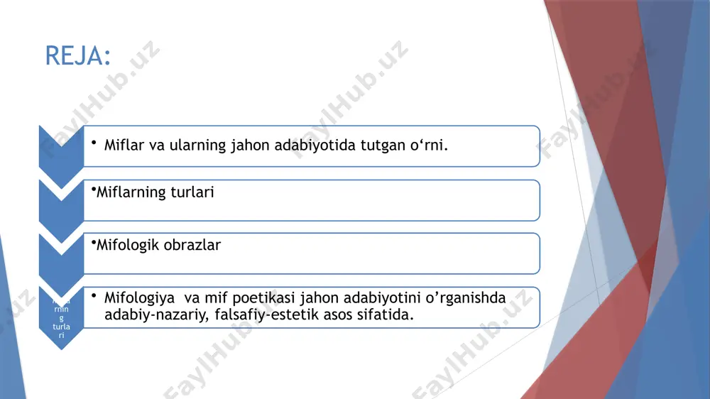 “avesto” qadimgi xorazmda yashagan ajdodlarimiz ijodi mahsulidir. avval og‘zaki tarzda vujudga kelgan asar yozuv madaniyati shakllangandan so‘ng zardusht tashabbusi bilan 12 000 qora mol terisiga oltin harflar bilan bitildi. xi asrdagi afsonalar qayd etilgan “kitobi dada qo‘rqut” va xiii asrda yashagan o‘g‘uz qog‘on haqidagi “o‘g‘uznoma” deb atalgan kitoblarda (ulardagi voqealar, afsonalar matnining ancha avval yaratilganini bildirsa ham ilmiy asarlarda xi va xiii asrlar qayd etilgan) turkiy qabila va urug‘lar tarixi haqidagi mifik tasavvur ifodalari o‘rin olgan. zevs – ma’budlar ma’budi. chaqmoq va bulutlar sultoni. poseydon – dengizlar hukmroni. aid – oxirat hoqoni. (bu uch ma’bud aka-uka bo‘lib, oliy darajali ma’budlar hisoblanadi). gera – zevsning rafiqasi: ma’budlar malikasi, osmon ma’budasi, homilador xotinlar, kelin-kuyovlar rahnamosi. gefest – otash ma’budi, temirchilar piri (geraning to‘ng‘ich o‘g‘li). ares – qonli urushlar ma’budi (geraning ikkinchi o‘g‘li). apollon – yorug‘lik, san’at, poeziya va musiqa ma’budi. artemida – qamar ma’budasi, o‘rmonlar va o‘rmonlarda yashovchi jonivorlar malikasi. afina – …