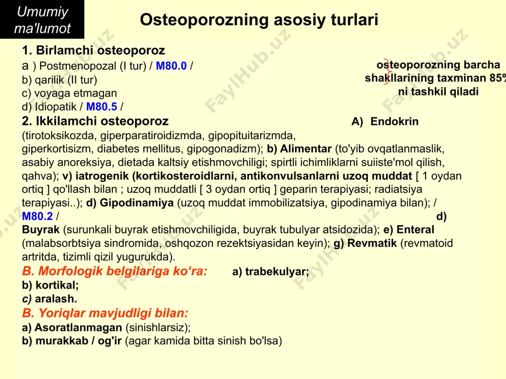 haddan tashqari ta'siri . chidamli harakatsizlik yoki etarli darajada jismoniy faoliyat, bu suyak to'qimalarining shakllanishini sekinlashtiradi. - osteoblast funktsiyasini etiologiya osteoporoz osteoporoz osteosintez osteoli̇z osteoporoz rivojlanishiga olib keladigan suyak to'qimasini qayta qurishning buzilishi sabablari: osteoporoz - bu osteosintez va osteoliz jarayonlari o'rtasidagi nomutanosiblikning natijasi bo'lib, og'ir osteopeniyaga va suyak (birinchi navbatda trabekulyar) arxitekturaning buzilishiga olib keladi. osteoporozning sabablari osteoporoz suyak to'qimalarining elektron mikrografiyasi norm osteoporozning klinik ko'rinishlari uzoq vaqt davomida asemptomatik bo'lib qoladigan osteoporoz , ayniqsa, xavf omillari bo'lgan bemorlarda hal qilinishi kerak bo'lgan "signal signallari" ni berishi mumkin. asosiy shikoyat - bu sakrum va lomber mintaqadagi og'riqlar, bu jismoniy faoliyat va yurish bilan kuchayadi . deyarli har doim elkama pichoqlari o'rtasida og'irlik hissi, charchoq, yolg'on holatida bir necha kunlik dam olish zarurati mavjud. ko'pincha vertebra osteoporotik deformatsiyasi tufayli egilish va balandlikning pasayishi (ba'zan 10-15 sm gacha) mavjud . kamroq tez-tez bo'g'imlarda og'riqlar, shin va oyoqlarda tungi kramplar, yurishning buzilishi …