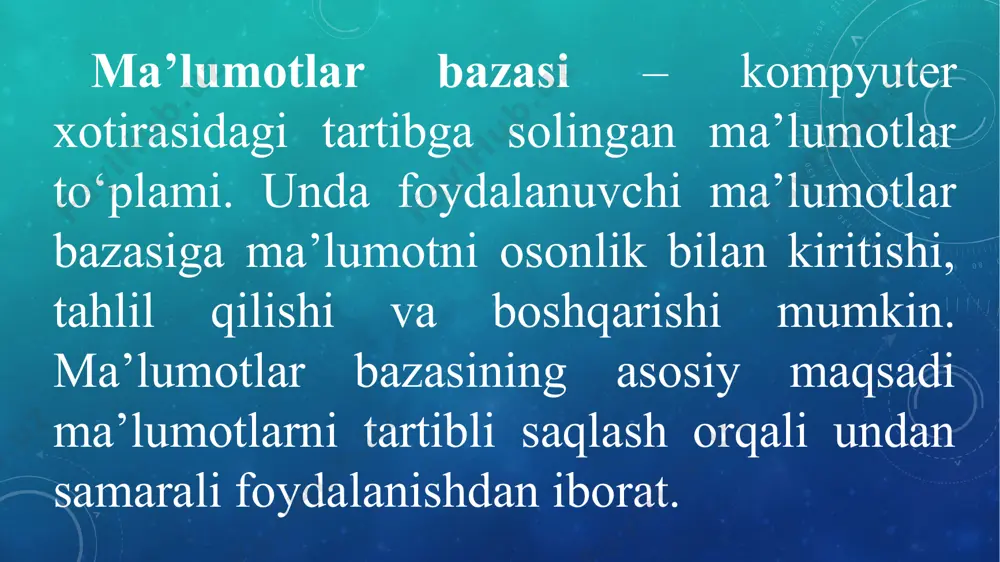 otlar bazasini yaratadi. bazada mantiqiy bog‘langan bir qancha tartibli jadvallarni hosil qiladi. jadvallarga kerakli ma’lumotlarni kiritadi va foydalanuvchilarga ma’lumotlar bazasiga kirish huquqini berish jarayonlarini boshqaradi. ma’lumotlar bazasi turlari ierarxik (shajara) ma’lumotlar bazasi. ma’lumotlar yozuv ko‘rinishida bo‘lib, bir-biriga daraxtsimon holatda bog‘lanadi. bog‘lanish jarayoni yuqoridan pastga tomon joylashib, parallel bog‘lanishning imkoniyati mavjud emas. bunday usul oilaviy shajarani aks ettirishda keng qo‘llaniladi. tarmoq ma’lumotlar bazasi. bu usul ierarxik ma’lumotlar bazasining rivojlangan ko‘rinishi bo‘lib, o‘zaro bog‘lanish jarayonida cheklashlar mavjud emas. shu sababli ham ma’lumotlar bazasini yaratishning bunday usuli o‘rgimchak to‘riga o‘xshatiladi. relyatsion ma’lumotlar bazasi. ma’lumotlar bir-biri bilan oldindan belgilangan tartib asosida jadval ko‘rinishida tuziladi. jadvaldagi ma’lumotlar qator va ustunlar kesishmasidan hosil bo‘lgan kataklarda saqlanadi. ma’lumotlarni saralashda sql tilidan foydalaniladi. relyatsion ma’lumotlar bazasi bir qancha jadvallardan tashkil topishi mumkin. jadvallar esa biri-biriga mantiqan bog‘langan bo‘ladi. obyektga yо‘naltirilgan ma’lumotlar bazasi. bunda ma’lumotlar obyekt kо‘rinishida saqlanadi. obyektga yо‘naltirilgan ma’lumotlar bazasi bilan ishlashda obyektga yо‘naltirilgan dasturlash tillaridan foydalanish …