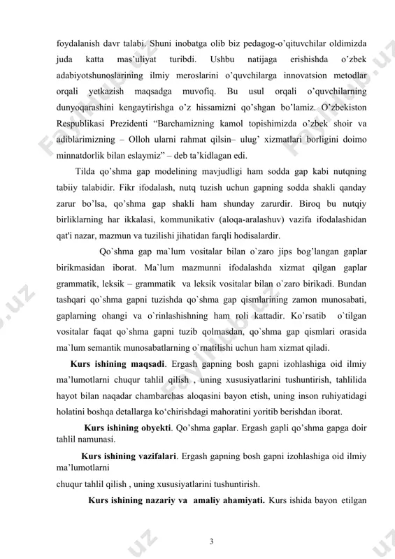 hma gap haqida tushuncha. qo’shma gaplarning tasnifi 1.1. qo’shma gapga ta'rif. qo’shma gaplarning tasnifi tilda qo’shma gap modelining mavjudligi ham sodda gap kabi nutqning tabiiy talabidir. fikr ifodalash, nutq tuzish uchun gapning sodda shakli qanday zarur bo’lsa, qo’shma gap shakli ham shunday zarurdir. biroq bu nutqiy birliklarning har ikkalasi, kommunikativ (aloqa-aralashuv) vazifa ifodalashidan qat'i nazar, mazmun va tuzilishi jihatidan farqli hodisalardir. qo’shma gap tuzish uchun, birinchidan, kamida ikkita sodda gap bo’lishi, ikkinchidan, bu sodda gaplar mazmunan munosabatga kirishgan bo’lishi kerak. meni kutgil va men qaytarman (k.simonov). qalbim chinni piyola, chertmang, aka (q.). sen kelmasang, kelmaydi bahor (q.). demak, qo’shma gaplar mazmunan mos kelmaydigan har qanday gaplarning yonma-yon qo’yilishidan yuzaga kelmaydi. xavo qirq daraja issiq, qo’ylar sovuqdan qirilmoqda. bu yil yomg’ir ko’p yoqqanligi uchun, ekinlar qurib ketdi deb bo’lmaydi, albatta. uchinchidan, qo’shma gaplar birdan ortiq sodda gaplarning ma'lum grammatik aloqaga kirishishidan tuziladi. bunda qo’shma gapning bog’langan, bog’lovchisiz, ergash gapli turlari shakllanadi …