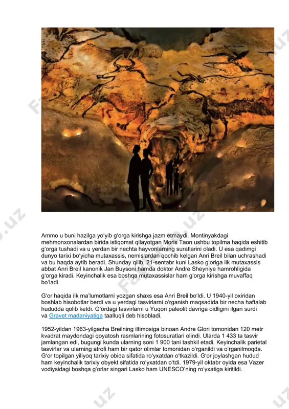 n. g‘or an’anaviy tarzda xonalar va yo‘laklarga bo‘lingan. bu esa uni tavsiflashga yordam beradi. ularning nomlari anri breil tomonidan o‘ylab topilgan va biroz diniy arxitekturani yodga soladi. ularning nomlari quyidagicha: · birinchi zal rotonda yoki buqalar zali deb nomlanadi. uzunligi 17 metr, kengligi olti metr va balandligi yetti metr. nomidan ham ma’lumki, u yerda asosan buqalar tasvirini uchratish mumkin. ushbu zal laskoning eng ajoyib qismi hisoblanadi; · rotondadan divertikul aksial yoki “aksenel o‘tish” bo‘ylab navbatdagi galereyaga o‘tiladi. uning uzunligi ham birinchisi bilan bir xil bo‘lib, nisbatan torroq, bu yerda ham asosan otlar va buqalar tasvirini uchratish mumkin; · buqalar zalidan “aksenel o‘tish”ning o‘ng tomonida joylashgan “passaj” (fr. passage) zaliga o‘tiladi. ushbu galereyaning uzunligi 15 metrni tashkil qiladi. uning tasvirlariga katta zarar yetgan bo‘lib, tasvirlarni ko‘rishning imkoni yo‘q; · nef deb nomlangan navbatdagi galereyada 4 guruh tasvirlarni uchratish mumkin. ular izlar paneli, qora sigir, suvda suzayotgan kiyiklar va urishayotgan bizonlardan iborat. …