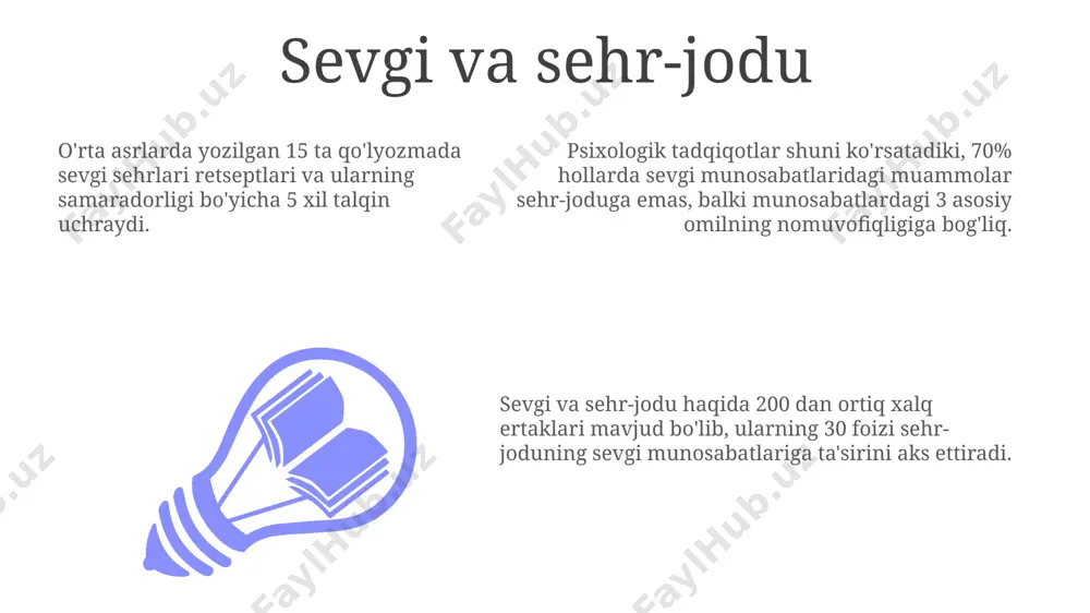 0-yillar davridagi ijtimoiy-siyosiy voqealarga asoslanib, sevgi va xiyonat mavzusini o'zida mujassamlashtiradi. oqibatlar va ogohlantirish sevgi aldanishi oqibatlari jiddiy boʻlishi mumkin: 30% hollarda ruhiy tushkunlik, 15%da esa oʻz joniga qasd qilish fikrlari kuzatiladi. muayyan yosh guruhlari, ayniqsa, 18-25 yoshdagilar xavf ostida. ogohlantirish belgilari: manipulyatsiya, haddan tashqari nazorat, oʻzaro munosabatlardagi beqarorlik va ishonchsizlik hissi. ushbu belgilarni aniqlash orqali salbiy oqibatlardan qochish mumkin. aldanish natijasida moliyaviy yoʻqotishlar 5000$ dan 100,000$ gacha yetishi mumkin. bunday holatlarda huquqiy yordam olish, dalillarni toʻplash va sud jarayonlariga tayyorgarlik koʻrish juda muhim. sehrgarning niyatlari sehrgarning niyatlari o‘z-o‘zidan yomon emas, lekin uning noto‘g‘ri usullarni qo‘llashi natijasida 12 ta kishi zarar ko‘radi. hikoyada sehrgar 7 ta sehrli buyumdan foydalanib, o‘z niyatlariga erishishga harakat qiladi, biroq ularning ba'zilari teskari ta'sir ko‘rsatadi. "sehrgarning niyatlari"da sehrgarning 3 ta asosiy maqsadi – boylikka erishish, kuchga ega bo‘lish va dushmanlarini mag‘lub etish – asosiy motiv sifatida ko‘rsatiladi. e'tiboringiz uchun rahmat @taqdimot_robot image1.jpeg image2.jpeg image3.jpeg