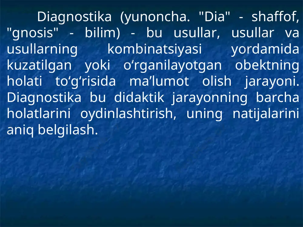 ’lim jarayonining barcha bosqichlarida – bilimlarni boshlang’ich idrok etishdan to amalda qo’llashgacha bo’lgan bosqichlarida olib borish kerak. ko’rgazmalilik (oshkoralik) принципi, avvalo, barcha ta’lim oluvchilarni aynan bir xil mezonlar bo’yicha ochiq sinovdan o’tkazishni anglatadi. nazorat quyidagi funksiyalarga ega: 1. nazoratning diagnostik funksiyasi. nazorat natijasi orqali bilim, ko’nikma va malakalarning shakllanganlik darajasi aniqlanadi; 2. nazoratning ta'lim oluvchilardagi bilim olishga bo’lgan ishtiyoqini o’stirish funksiyasi; 3. ta'lim oluvchilarning shaxsiy jihatlari shakllantiriladi va eng asosiysi, rivojlantiriladi; 4.ta'lim funksiyasi; 5.nazoratning tarbiyaviy funksiyasi; 6.nazoratning baholash funksiyasi; 7.nazoratning ta'lim oluvchilardagi bilimga qiziqishni uyg'otish, jonli fikrlashga o’rgatuvchilik funksiyasi. nazoratning tarbiyaviy vazifasi shundan iboratki, ta'lim oluvchi­lar tekshirishga tayyor bo’lish uchun darslarni o’z vaqtida tayyorlaydilar, bo’sh vaqtlaridan unumli foydalanishga harakat qiladilar, intizomga o’rganadilar. agar nazoratning o’qitish va tarbiyalash vazifalari to’g'ri amalga oshirilsa, shaxsning tafakkurini rivojlantirishga, his-tuyg'ulari va axloqiy sifatlarini tarbiyalashga imkon tug'iladi. bu esa o’z-o’zidan nazoratning rivojlantiruvchi vazifasi sanaladi. o’qitish vazifasi ta'lim oluvchilarning bilimini tekshirishda aniq ko’rinadi. yangi mavzuni mustahkamlash jarayonida …