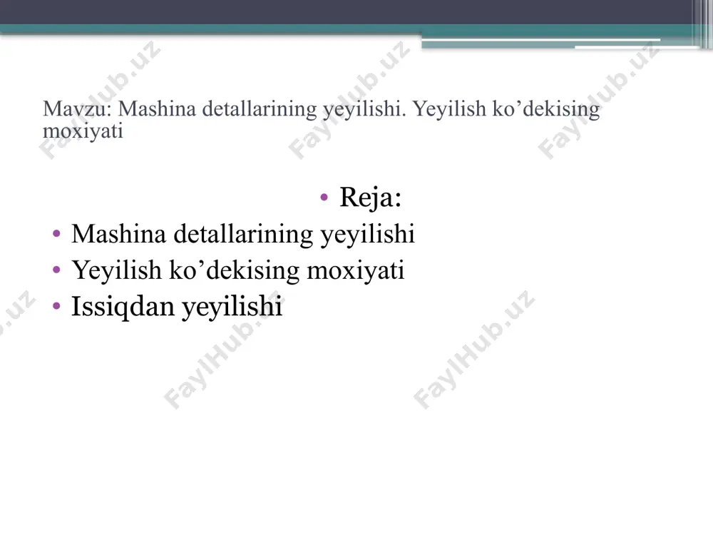 hilik koʻrsata olish xususiyati eyilishga chidamlilik deb ataladi. u ishlash jarayonida buyumning massasi kamayishi va oʻlchami kichrayib borishi bilan baholanadi[1]. yeyilish ko’dekising moxiyati m ashinalar elektr jihozlarining tok o ‘tkazuvchi detallari simlar, chulg'am lam ing izolyatsiyasi buzilishi yoki ulaming o ‘zi uzilishi oqibatida qisqa tutashuv yoxud «massaga» ulanish bo‘lganda issiqlik ta’sirida kuchli zo‘riqadi. issiqdan yemirilgan detallar ta’mirlanmaydi. issiqdan yeyilishi issiqdan yemirilish issiqlik maydoni ta’sirida sodir bo‘ladi. mashinaning ba’zi detallari ishlayotgan vaqtda qiziydi, oqibatda ilgari ularning ashyosida hosil qilingan tuzilish buziladi va ular o‘zining xizmat qilish xossalarini yo‘qotadi. bunday detallarga silindrlar kallagi, yonish kameralari, porshenlar, chiqarish kollektorlari va quvurlari kiradi image2.jpeg image3.jpg image4.jpg /docprops/thumbnail.jpeg