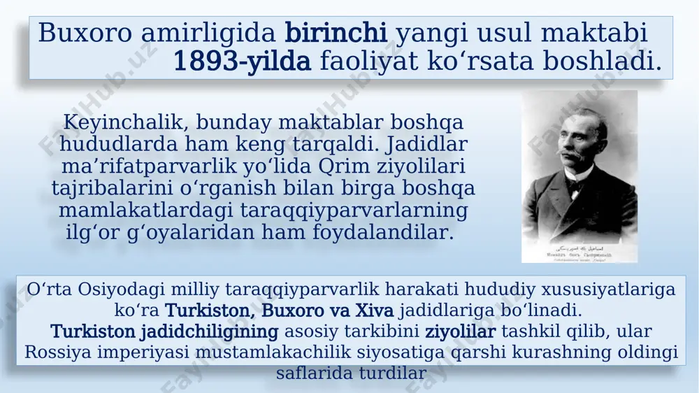 incha, balki nizom va tartiblik bo‘lub, yaxshi idora etilmog‘i ila bo‘ladur. dunyoda mavjud millatlar taraqqiyni ibtidoiy maktablardan boshlarlar. haqiqatan taraqqiy va taoliy uchun birinchi yo‘l va asosul-­asos maktabdur». mulla rahimxonning «masala». maqolasidan. «izhor ul­-haq» jurnali. 1918­yil «agar bizlarning maktablarimiz boshqa millat maktablari kabi bir nizomga qo‘yilib yaxshi muallimlik vazifasini lavozimicha ado qilurlik kishilardin muallimlar tayin qilinsa edi, ma’sum avlodlarimiz ruhiy hayotiga, dunyo va oxiratni saodatig‘a birinchi sabab o‘ladurg‘on ilm va maorifdin bu darajada mahrum o‘lmagiga sabab o‘lmas eduk». munavvarqori abdurashidxonov xx asrga kelib mamlakatda bir tomondan turli ijtimoiy-siyosiy jarayonlar natijasida tartib va iqtisodiy munosabatlar vujudga kelayotgan bo‘lsa, ikkinchi tomonidan mamlakat hududiga turli g‘oyaviy oqimlar kirib kela boshladi. mustamlaka davrida sha’riy masalalarni hal qilish, hanafiylik mazhabini sofligicha keyingi avlodga yetkazish masalasi dolzarb muammolardan biriga aylandi. shu maqsadda 1917-yili 10-avgustda toshkent shahrida «fuqaho jamiyati» tashkil topdi. ushbu jamiyat to‘rt qozi va ular yonidagi muhrdor, a’lam va muftiylardan iborat bo‘lib, u fuqarolar ijtimoiy-maishiy …