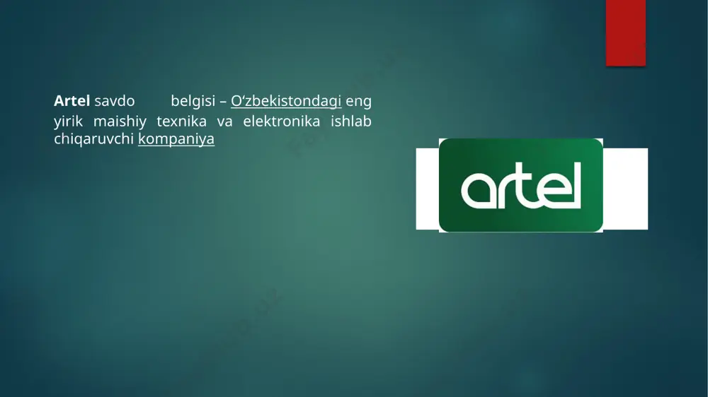 hi uchun agentlik yuqori reyting bergan korxonalarga investitsiya kiritishadi. fitch reytingni kompaniyaning qanday qarzdorlikka ega ekanligi va foiz stavkalari kabi tizimli o'zgarishlarga qanchalik sezgirligi singari omillarga asoslanib beradi. artel ushbu reytingni olgach, global moliya bozorlari, qarz bozorlarida teng huquqli a'zo sifatida ishtirok eta oladi. hozirgi kunda o'zbekistonning bir qator yirik banklari xalqaro reyting agentliklari tomonidan turli kredit reytinglari olgan. artel esa mahalliy ishlab chiqarish kompaniyalari orasida birinchi bo'lib bunday reytingga ega bo'ldi. artel kompaniyasi xalqaro «markaziy osiyo 2020 hr-brendi» mukofotiga sazovor bo‘ldi 22 aprel kuni qozog‘istonning olmaota shahrida an'anaviy «markaziy osiyo 2020 hr-brendi» eng yaxshi loyihalarini taqdirlash marosimi bo‘lib o‘tdi. artel kompaniyasi ham o‘z loyihalarini taqdim etdi va «xodimlar motivatsiyasi» loyihasi bilan «dunyo» nominatsiyasida mukofot oldi. artel kompaniyada xodimlarni rag‘batlantirish tizimini takomillashtirish bo‘yicha loyihani taqdim etdi. ushbu loyiha artel kompaniyalar guruhida xodimlarni boshqarishning sifat jihatdan yangi tizimini joriy etish bo‘yicha mercer xalqaro konsalting kompaniyasi bilan samarali hamkorlikning natijasidir. xulosa: men …