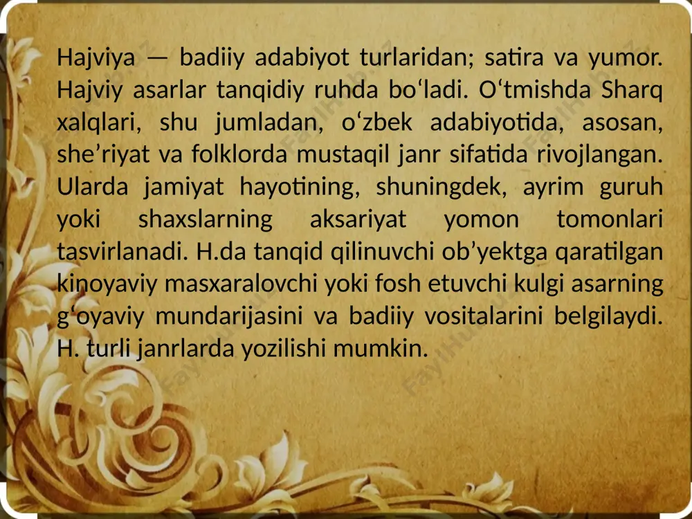 sanʼatda ham qadimdan maʼlum. qadimgi rim, xitoyda satirik terrakota haykallar, vazalarga satirik tasvirlar va boshqa ishlangan. rassomlik sanʼati (jumladan, grafika)da rivojlangan. f. goyya, o. domye, x. bidstrup va boshqa rassomlar ijodi satira rivojida muhim rol oʻynagan. oʻzbekistonda satira taraqqiyotiga „mushtum“ jurnali, „jangovar qalam“, „oʻztag oynasi“ katta hissa qoʻshgan. satira namunalarining ilk ko‘rinishlari birinchi navbatda, xalq og‘zaki ijodi janrlarida ko‘rinadi va sekinlik bilan yozma adabiyotga o‘tadi. satiraning xalq og‘zaki ijodidagi ilk ko‘rinishlari sifatida biz parodiya, masal kabi janrlarni ko‘rsata olamiz. eramizdan oldingi davrlarda yashagan aristofen satirik dramaturgiyaning asoschisi deb qaraladi. aristofen o‘z ijodi bilan satirani satira holiga keltirgan. plavt, yuveniylar satira binosiga g‘isht qo‘ygan bo‘lsalar, servantes, rable, svift, molyer, didro, volter, geyne, dikkens kabi ijodkorlar satiraning to‘la ravishda tashkil topishi uchun katta xizmat qildilar. adabiyotshunoslarning e’tirof etishicha, satira ham mustaqil janr. chunki hajviy yo‘nalishda bitilgan asarlarda o‘ziga xoslik, alohidalik bor. jumladan, epik turga oid asarlar hikoya qilish uslubida yoziladi. lirik tur …