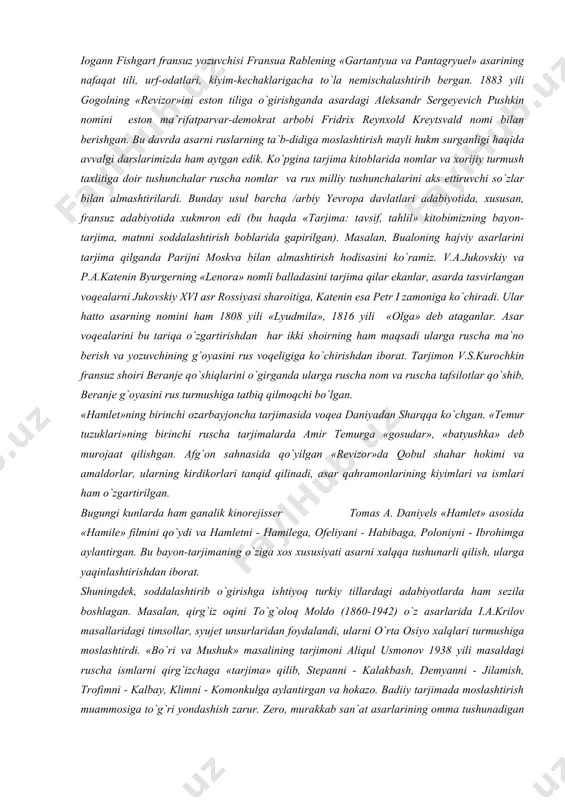 rni tarjima tilidagi axborotga qo`shib qo`yishni bildiradi. agar tarjimon o`z asariga shunday osongina mahalliy tus kiritmayin desa, il serra tendrement safille dans ses bras (u mehribonlik bilan qizini bag`riga bosdi) deyish to`g`ri bo`lardi. asliy matnni mahalliy sharoitga moslashtirish uslubi badiiy adabiyot tarjima tarixida ham mo`l qo`llanilgan. 1575 yili iogann fishgart fransuz yozuvchisi fransua rablening «gartantyua va pantagryuel» asarining nafaqat tili, urf-odatlari, kiyim-kechaklarigacha to`la nemischalashtirib bergan. 1883 yili gogolning «revizor»ini eston tiliga o`girishganda asardagi aleksandr sergeyevich pushkin nomini eston ma`rifatparvar-demokrat arbobi fridrix reynxold kreytsvald nomi bilan berishgan. bu davrda asarni ruslarning ta`b-didiga moslashtirish mayli hukm surganligi haqida avvalgi darslarimizda ham aytgan edik. ko`pgina tarjima kitoblarida nomlar va xorijiy turmush taxlitiga doir tushunchalar ruscha nomlar va rus milliy tushunchalarini aks ettiruvchi so`zlar bilan almashtirilardi. bunday usul barcha /arbiy yevropa davlatlari adabiyotida, xususan, fransuz adabiyotida xukmron edi (bu haqda «tarjima: tavsif, tahlil» kitobimizning bayon-tarjima, matnni soddalashtirish boblarida gapirilgan). masalan, bualoning hajviy asarlarini tarjima …