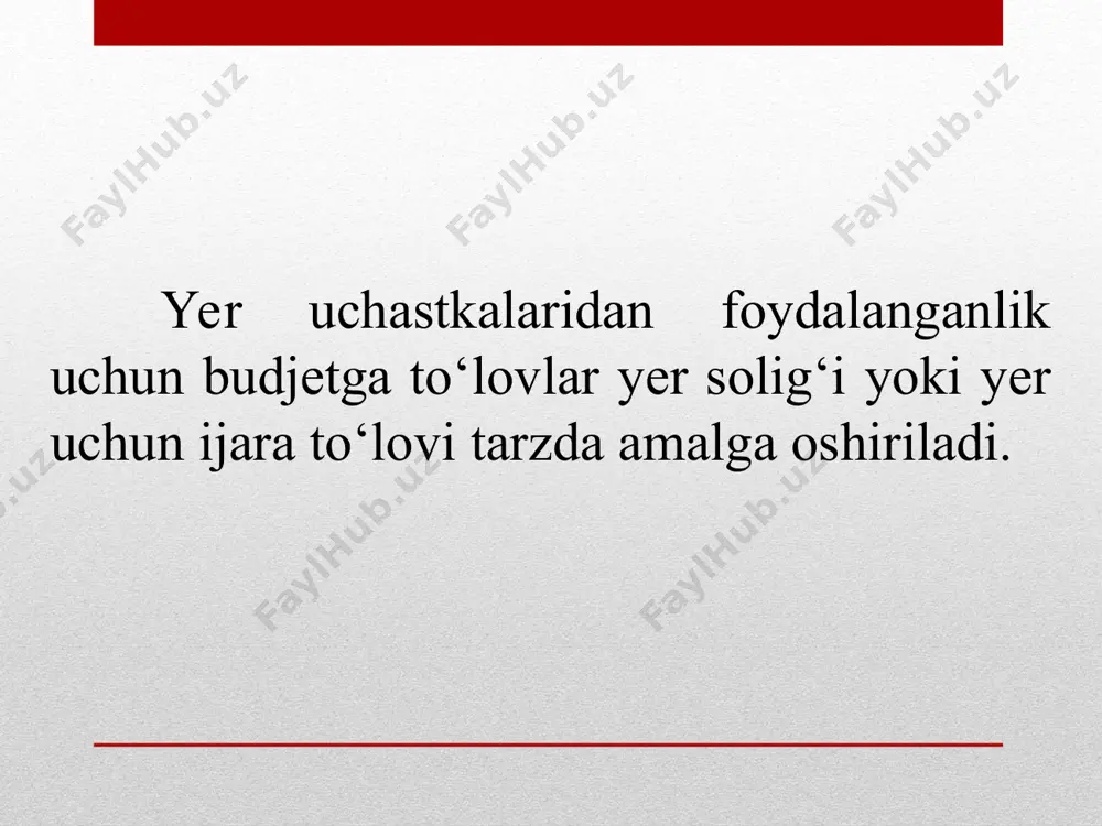 oshirganda, soliq bazasi soliq solinadigan va soliq solinmaydigan yer uchastkasi bo‘yicha alohida-alohida hisob yuritish asosida aniqlanadi. alohida-alohida hisob yuritish imkoniyati bo‘lmaganda, soliq bazasi soliqni to‘lash nazarda tutilgan faoliyatdan olinadigan sof tushumning umumiy sof tushum hajmidagi ulushidan kelib chiqqan holda aniqlanadi. soliq solinmaydigan yer uchastkalari jumlasiga quyidagi yerlar kiradi soliq solinmaydigan yer uchastkalari jumlasiga quyidagi yerlar kiradi qishloq xo‘jaligi uchun mo‘ljallanmagan yerlar uchun bazaviy soliq stavkalari respublika hududlari kesimida 1 gektar uchun mutlaq o‘lchamda quyidagi miqdorlarda belgilanadi. binolar respublika hududlari 1 gektar uchun bazaviy soliq stavkasi (mln so‘mda) toshkent shahri: 1 zona 2 zona 3 zona 4 zona 5 zona 298,1 237,6 183,7 122,1 61,6 qoraqalpog‘iston respublikasi 38,5 andijon viloyati 48,4 buxoro viloyati 39,6 jizzax viloyati 39,6 qashqadaryo viloyati 39,6 navoiy viloyati 39,6 namangan viloyati 48,4 samarqand viloyati 48,4 surxondaryo viloyati 35,2 sirdaryo viloyati 29,7 toshkent viloyati 40,7 farg‘ona viloyati 40,7 xorazm viloyati 39,6 qishloq xo‘jaligi uchun mo‘ljallanmagan yerlar uchun soliq …