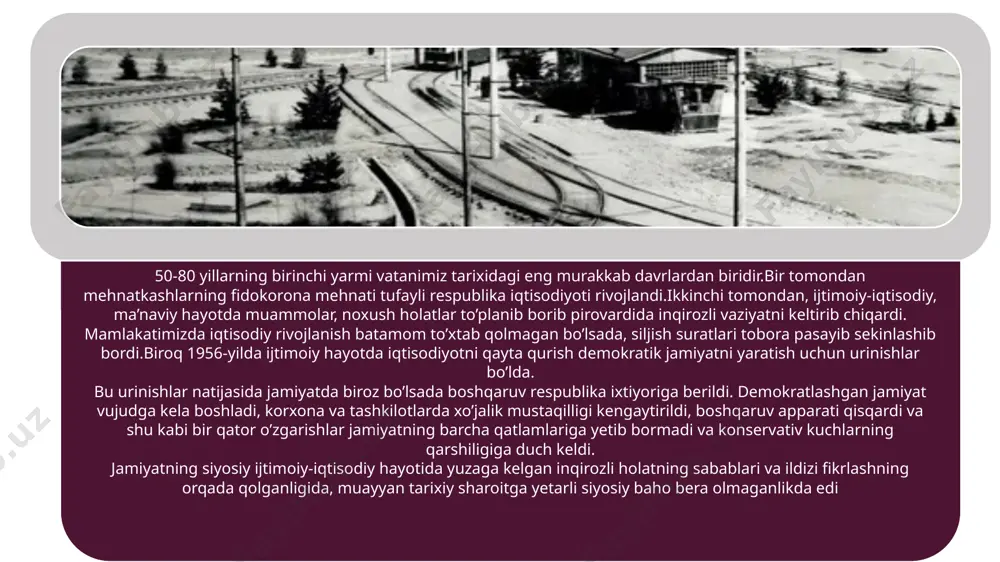 y darajada bilishi, markazga shaxsan sadoqatliligi va “baynalminalligi” hisobga olinar edi. mustamlakachilik va milliy tahqirlash siyosatining yorqin ko’rinishlaridan biri o’zbekiston kp mqning 1984-yil iyunida bo’lib o’tgan xvi plenumidan so’ng markazdan respublikaga yuborilgan “kadrlar desanti” bo’ldi. bu hodimlar o’zbekiston kompartiyasining faoliyatiga musaffo oqim baxsh etmoqdalar, eng yirik partiya tashkilotlarining tajribasini jamlab, undan foydalanishga yordamlashmoqdalar” deb maqtanar edi i.usmonxo’jayev o’zbekiston kpsining xxi syezdidagi hisobat ma’ruzasida bu “desantchilar” respublikada sovet, huquq targ’ibot idoralarda rahbarlik lvozimlarida ishladilar va “layoqatsiz” kadrlar o’rnini egalladilar. xuddi shu jarayon o’zbekistondan ham rossiya federatsiyasiga xodimlar “rejali” jo’natilgan. ammo markazdan kelgan xodimlar faqat rahbar lavozimlariga joylashtirilgan bo’lsa, o’zbekistonlik kadrlar faqat qora mehnat zonalarida ishlish va ish o’rganish uchun yuborilgan. o’zbekiston ssr ministrlar soveti 1973-yilda “ko’chirma oilalar uchun yengilliklar” to’g’risida mahsus qaror ham qabul qilgan.ushbu qarorga asosan har bir ko’chirma oilada albatta ikkita odam ishga yaroqli bo’lishi kerakligi ko’rsatiladi. bundan tashqari yolg’iz mehnatkashlarni ham rossiyaning turli viloyatlariga rejali yuborish o’zbekiston viloyatlari …