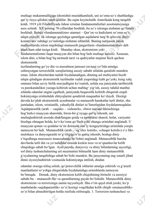 glatadi. diniy fundamentalizm – «ma’lum din vujudga kelgan ilk davriga qaytish va bu yo‘l bilan zamonaning barcha muammolarini hal qilish mumkin», degan fikrni ilgari surish ta’limotini anglatadi. istilohda aqidaning o‘zgarmasligini himoya qiladigan, muayyan diniy e’tiqod shakllanishining boshlang‘ich davrida belgilangan barcha yo‘l-yo‘riqlarni qat’iy va og‘ishmay bajarilishini talab qiladigan diniy oqimlarni ifodalashda qo‘llaniladi. «fundamentalizm» atamasi aslida xristian dini bilan bog‘liqdir. fundamentalizm iborasi birinchi bor i jahon urushi arafasida vujudga kelgan protestantlikdagi ortodoksal oqimlarni ifodalash uchun ishlatilgan. bu oqim 1910 yildan keyin shu nom bilan atala boshlagan. fundamentalistlar xristianlikning an’anaviy aqidalariga, ayniqsa bibliyaning mutlaqo mukammalligiga ishonishni mustahkamlash, uni so‘zma-so‘z sharhlashga qat’iy rioya qilishni talab qildilar. bu oqim keyinchalik amerikada keng tarqalib ketdi. 1919 yili filadelfiyada jahon xristian fundamentalistlari assotsiatsiyasiga asos solindi. xx asrning 70-yillaridan boshlab, bu so‘z islomga nisbatan qo‘llanila boshladi. bunda «fundamentalizm» atamasi – qur’on va hadislarni so‘zma-so‘z talqin etuvchi, ilk islomga qaytishga qaratilgan aqidalarni targ‘ib qiluvchi diniy- konservativ ruhdagi yo‘nalishga nisbatan …
