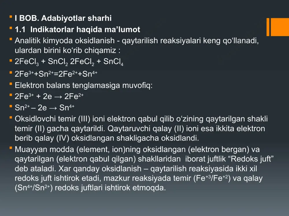 aga bo‘lgan moyillik farqiga ko‘ra bajariladi (nisbiy konsentrlash). cho‘ktirish va birgalashib cho‘kish. bevosita (to‘g’ri) titrlash usuli: aniqlanuvchi modda titrant bilan to‘g’ridan - to‘g’ri titrlanadi. qoldiqni (qayta) titrlash usuli. aniqlanuvchi moddaga ortiqcha miqdorda titrantdan qo‘shiladi va ma’lum bir vaqtga qo‘yib qo‘yiladi. so‘ngra ortib qolgan titrant qoldig’ini boshqa titrant bilan titrlanadi. mahsulotni titrlash usuli. aniqlanuvchi moddaga birorta reagent eritmasidan qo‘shiladi, ajralib chiqqan mahsulotni titrant bilan titrlanadi. usulda oksidlanish – qaytarilish xossasini namoyon etuvchi va etmaydigan moddalar miqdori aniqlanadi. iii bob. olingan natijalar va ularning tahlili 3.1. oksidlanish – qaytarilish usuli ahamiyati va qo‘llanilishi redoksimetriyada titrlashni oxirgi nuqtasini aniqlashda vizual (indikatorlar) usulidan foydalaniladi. indikator vazifasini oksidlanish – qaytarilish reaksiyasida qatnashayotgan titrantning o‘zi yoki maxsus indikator bajaradi. tasnifi: redoksimetriyada qo‘llaniladigan indikatorlarning quyidagi turlari mavjud: 1.indikatorsiz usul. oksidlanish - qaytarilish reaksiyasida titrant sifatida qatnashuvchi indikator. masalan permanganatometriyada titrant va indikator sifatida kmno4 ni o‘zi ishlatiladi. kaliy permanganat eritmasi qizil-binafsha rangda bo‘lib, elektro nurlanishdan keyin ortiqcha …