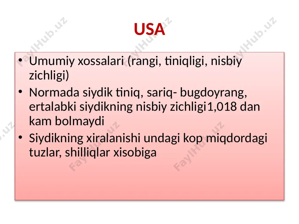 arda, tuberkulyozda, travmada eritrotsturiyaning jadalligiga kora makrogematuriya va mikrogematuriya ajratiladi silindrlar – kelib chiqishi kanalchalardan bolgan oqsilli yoki hujayrali hosilalar . normal siydikda kam miqdorda silindrlar boladi. donali va mumsimon silindrlar ning siydikda paydo bolishi buyraklarning jiddiy zararlanligidan dalolat beradi. siydik chokmasi mikroskopiyasi siydikning bakteriologik tekshiruvi toza kulturani ajratib olish va antibiotikogrammga ekish . tompson sinamasi patologik jarayonning joylashuvini aniqlash uchun foydalaniladi. shaklli elementlarning kop bolishi 1-portsiyada – uretrit shaklli elementlarning kop bolishi 2-portsiyada – sistit hamma 3-ta portsiyada bor bolsa – buyrakning shikastlanishi nicheporenko boyicha siydik tahlili 1 ml siydikdagi eritrotsit va leykotsitlar miqdori hisoblanadi chiqilgan hojatning orta portsiyasi tekshiriladi normada 1 ml siydikda leykotsitlar 2000-4000 gacha , eritrotsitlar 1000 gacha boladi. funksional tekshiruv usullari zimnitskiy sinamasi sutka davomida uchsoatlik portsiyada siydik nisbiy zichligi va miqdorini dinamik aniqlashga asoslangan usuldir. zimnitskiy sinamasi normada har bir portsiyada siydik miqdori 70-250ml , sutkalik diurez 1500 atrofida . kunduzgi diurez tungi diurezdan …