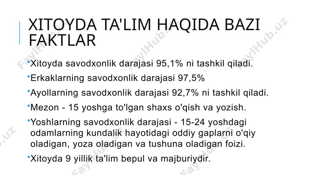 o‘lga qo‘yildi. o'sha paytda 1922-1937 yillarda o'rta maktab o'qituvchilarini tayyorlash uchun ikkita o'qituvchilar ta'lim muassasasi mavjud edi: pekin oddiy universiteti, pekin ayollar normal universiteti. keyinchalik ular rossiyaning o'qituvchilar ta'limi tizimini qabul qildilar. hozirgi vaqtda o'qituvchilar ta'limi universitetlar tomonidan taqdim etiladi. o'qituvchilar ta'limi viloyat hukumati tasarrufiga kiradi. o'qituvchi ta'limning hozirgi modeli magistratura modeli ostida: “2+2” modeli: 1-2 o'quv yili: fan bilimlarini o'rganish; 3-4 o'quv yili: o'qitish malakasini oshirish. "2,5+1,5" modeli: birinchi 2,5 yil: mavzu nazariyasini o'rganishga urg'u berish (shu jumladan ba'zi o'qitish amaliyoti); oxirgi 1,5 yil: o'qitishga e'tibor qaratish mashg'ulotlar, amaliy mashg'ulotlar asosiy nuqtadir. “3+1” modeli: 1-3 o‘quv yili: fan bilimi va ta’lim nazariyani o'rganish; 4-o'quv yili: o'qitish o'qituvchi ta'limning hozirgi modeli magistratura darajasi modeli: “4+2” modeli: 1-4 o‘quv yili: fan bilimlarini o‘rganish (fan bakalavriati); 5-6 o'quv yili: o'qituvchilik mahoratini oshirish (ta'lim magistri). kasbiy rivojlanish: har besh yillik karyerada 360 kunlik mashg'ulot. o‘qituvchilar ta’limining hozirgi vaholi o'qituvchilik kasbi xitoyda hurmatga sazovor …