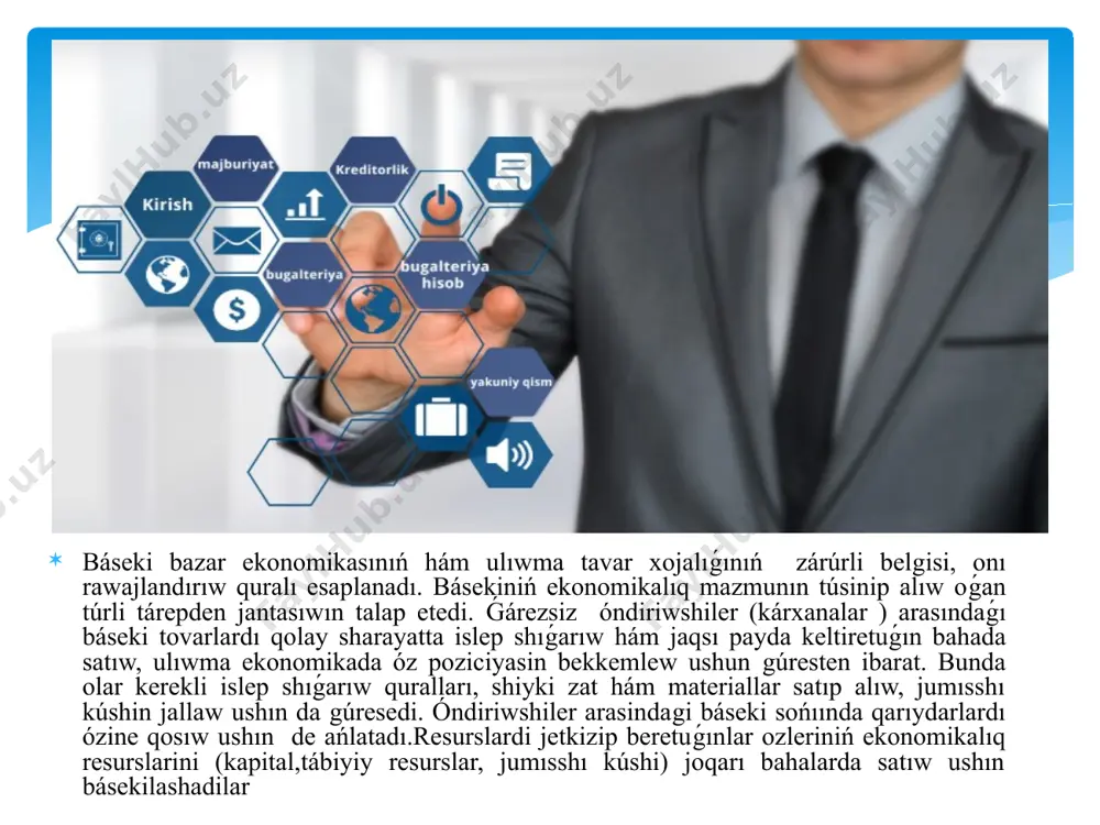 kúshi dáreklerine erisiw ushın gúres baradı. óz gezeginde qarıydarlar, yaǵnıy qarıydarlar sarplaǵan hár bir swm ǵárejeti ornına kóbirek naflilikka ıyelew ushın guresedi, olardıń hár biri arzan, sapalı tavar hám xızmetlerge ıyelewge hareket etedi. óndiriwshilerdiń iskerlik kórsetiwshi isbilermen hám múlk iyesi retinde erkin hám ǵárezsiz bolıwı básekiniń ekonomikalıq tiykarın quraydı. sebebi hár bir múlk iyesiniń óz mápi bolıp, olar sol mápke erisiw ushın ıntıladı.mulik iyesiniń tavar islep shıǵarıw hám barlıq basqa tarawlardaǵı iskerligi solmápke boysındirilgan boladı. bul tárepten qaraǵanda báseki erkin ekonomikalıq iskerlik etiwshi sub’ektler mápleriniń dúgilisiwinen ibarat bolıwın anıq xarekterlestirledi.báseki ameldegi basqa shártili pul qatnaslarınıń málim dárejede rawajlanǵan ortamizda amel etiwi bolıp tabıladı.básekiniń mazmun iuning wazıypaların kórip shıǵıw arqalı jáne de keńlew kórinetuǵın boladı. óndiriwshilerdiń iskerlik kórsetiwshi isbilermen hám múlk iyesi retinde erkin hám ǵárezsiz bolıwı básekiniń ekonomikalıq tiykarın quraydı. sebebi hárbir múlk iyesiniń óz mápi bolıp, olar sol mápke erisiw ushın ıntıladı.mulik iyesiniń tavar islep shıǵarıw hám barlıq basqa …