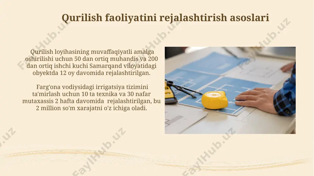 mehnat xavfsizligi bo‘yicha 30 dan ortiq o‘quv mashg‘ulotlari o‘tkazilib, 500 dan ziyod ishchi xodimlar o‘qitildilar. texnik hujjatlar va ruxsatnomalar qurilishni boshlashdan oldin, samarqand viloyatida joylashgan obyekt uchun kamida 10 ta turdagi texnik hujjatlar, jumladan, topografik suratlar, geodezik ma’lumotlar va muhandislik kommunikatsiyalari sxemalari taqdim etilishi shart. farg‘ona viloyatida 200 m² maydonli xususiy uy qurish uchun qurilishga ruxsatnoma olish jarayoni o‘rtacha 45 kunni tashkil etadi va 5 turdagi hujjatlarni taqdim etishni talab qiladi. loyihani monitoring qilish va baholash qurilish materiallarining yetkazib berilishini kuzatish orqali, masalan, toshkent shahridan 500 dona g'isht yetkazib berish muddatining buzilishi loyiha muddatiga 7 kun qo'shilishini keltirib chiqarishi mumkin. loyiha monitoringi jarayonida 30 kunlik muddatlarda bajarilgan ishlarni tahlil qilish orqali samarqand viloyatidagi qurilish obyektining rejalashtirilgan jadvalga mos kelishini aniqlash mumkin. qurilish faoliyatining samaradorligini oshirish qurilish loyihalarining 30% gacha muddatidan oldin tugallashini taʼminlash uchun toshkent shahridagi tajribali muhandislar jamoasi bilan samarali rejalashtirish va resurslarni optimallashtirishni qoʻllash muhim. samarqand viloyatidagi qurilish …