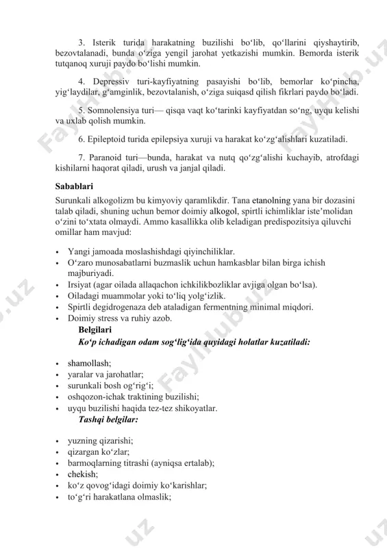 gi ichgan odamlar bajarayotgan ishning hajmi, sifati pasayadi. vegetativ belgilardan yuzning qizarishi yoki oqarishi, jinsiy maylning oshishi namoyon boʻladi. mastlikning yengil darajasida barcha voqealar bemorning xotirasida saqlanib qoladi. 2. oʻrtacha ogʻir darajasi — bunda, koʻtarinki kayfiyat, jahldorlik, tajanglik, xafachilik boʻlib turadi. mast kishi oʻz qobiliyatini yuqori baholaydi, oʻzoʻzini tanqid qilish pasayadi, harakatning chuqurroq buzilishi, ataksiya va dizartriya namoyon boʻladi. fikrlashning susayishi, nutqning sekinlashuvi, bir soʻzni qayta-qayta takrorlashi paydo boʻladi. bemorning diqqat eʼtibori pasayadi. 3. mastlikning ogʻir darajasi — bunda, karaxtlik belgilari paydo boʻlib koma holatiga tushadi. bunda bemorlarda muvozanat buziladi, mushaklar atoniyasi, amimiya, dizartriya belgilari namoyon boʻladi. bemorlarda bosh ogʻriq, bosh aylanish, koʻngil aynish, qusish, nafas olish va yurak qontomir faoliyatida oʻzgarishlar boʻladi. natijada, qoʻloyoqlarning sovuq qotishi, koʻkarib qolishi, haroratning pasayishi, tutqanoq xurujlari paydo boʻlib, ixtiyorsiz tagiga siyib yuborish va axlat chiqishi kuzatiladi. mastlik holatining bu darajasida kishi xotirasi butunlay saqlanmaydi. oddiy mastlikning oʻzgargan turi bu, asoratli mastlik boʻlib, bunda …