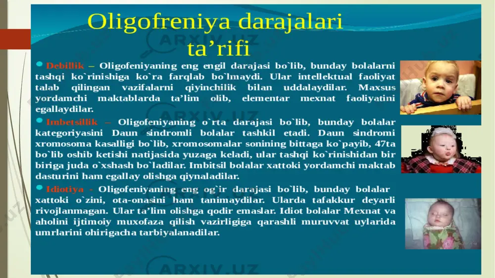 pining sekinlashishi holati kuzatiladi. ruhiy faoliyatning zararlanishini eskirol ikkita kategoriyasini ajratib berdi: idiotizm va aqli zaiflik, har bir kategoriyaning nutq holatiga qarab quyidagilarga bo‘ldi: idiotizmda nutq yo‘q, faqat shovqin, boshqa holatlarda alohida bo‘g‘in so‘z va iboralatdan iborat bo’ladi, aqli zaiflikda esa nutq bor, lug'ati chegarlangan bo‘ladi. burnevill idiot bolalarni o'rganib, bu bolalarda ruhiyati zararlanishining o‘rta darajaga ega ekanligini aniqladi burnevill xix asr -217- boshlarida bu guruh bolalaridan imbesillik terminini qo‘llashni taqlif qiladi. xix asrning o‘rtalarida leyzaj intellektning yengil zararlanish holatini “debillik” terminini ishlatdi. aqliy faoliyati buzilgan bolalarning klinik ma’lumotlar asta-sekinlik bilan to‘plangan. nuqsonlarni o‘rganish ii bosqichida har bir tadqiqotchi o‘z tasnifini ishlab chiqishda nuqsonning kelib chiqishida 1-2 ta sabablarni hisobga olgan holda tuzish mumkin deb hisoblashgan. vuazen bu bolalarning asosiy buzilishlarini instruktiv faoliyatining namoyon bo'lish darajasiga bog‘liq bo‘ladi deb hisoblaydi. keyinchalik segen, geller, solelar aqli zaiflikda iroda, diqqat xohishlarning zaifligiga katta ahamiyat bera boshladilar. masalan, sole idiotlarda diqqat bo'lmaydi. imbesillarda …
