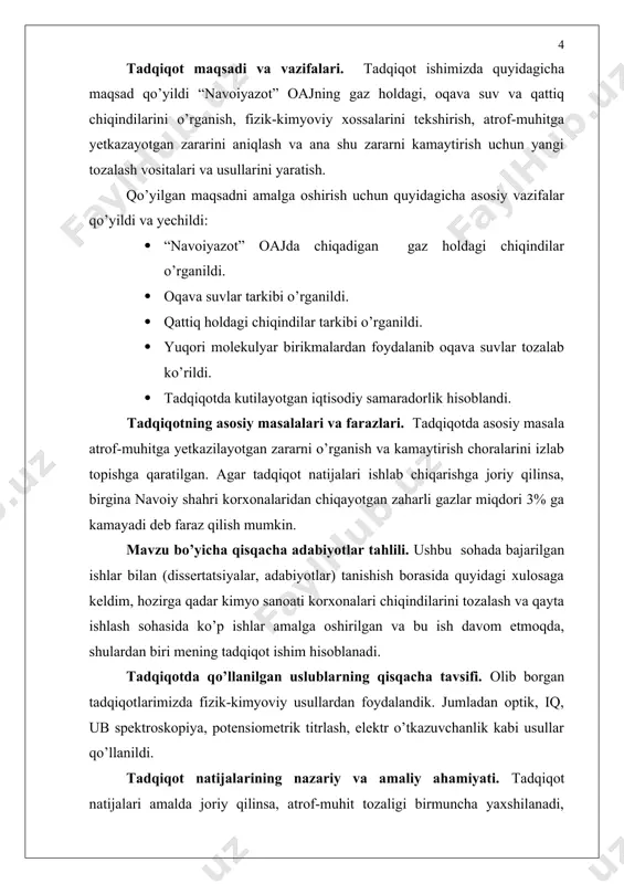 n optik, iq, ub spektroskopiya, potensiometrik titrlash, elektr o’tkazuvchanlik kabi usullar qo’llanildi. tadqiqot natijalarining nazariy va amaliy ahamiyati. tadqiqot natijalari amalda joriy qilinsa, atrof-muhit tozaligi birmuncha yaxshilanadi, zaharli chiqindilar tufayli kelib chiqayotgan kasalliklar oldi olinadi. ekologik barqarorlik ta’minlanadi. tadqiqoqtning ilmiy yangiligi. tadqiqotda yuqori molekulyar birikmalardan foydalanib chiqindi gazlar va oqava suvlarni tozalash amalga oshirildi. dissertatsiya tarkibining qisqacha tavsifi. dissertatsiya kirish, uchta bob, adabiyotlar ro’yxati va ilovalardan iborat bo’lib, 75 betdan iborat. i bob. kimyo sanoati korxonalari va atrof-muhitga yetkazilayotgan zarar 1. kimyo sanoati korxonalaridan chiqayotgan gaz holidagi chiqindilar ma’lumki, kimyo sanoati korxonalarida turli kimyoviy moddalar ya’ni, kislotalar, ishqorlar, tuzlar, mineral o’g’itlar, polimerlar, sintetik tolalar va boshqa mahsulot turlari ishlab chiqariladi. kimyo sanoati ishlab chiqaradigan mahsulotiga, foydalanadigan xom ashyosiga, shuningdek, texnologik jarayonlariga qarab bir necha tarmoqqa bo’linadi. kimyo sanoatining o’ziga xos xususiyati shundaki, shu sohaga taalluqli korxonalar bir-birlariga uzviy bog’liq holda faoliyat yuritadilar. ularning ishlatadigan xom ashyolari ham ko’pincha mazkur korxonalar …