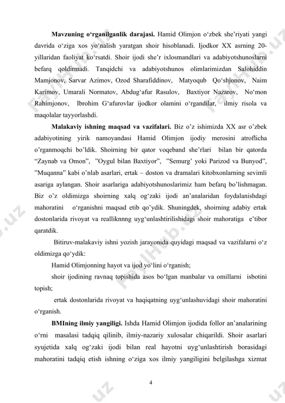 ngi o‘zbek adabiyoti, shu jumladan, shoir ijodi yuzasidan nazariy va amaliy o‘quv mashg‘ulotlari olib borishda, shuningdek, hamid olimjon ijodi bo‘yicha ixtisoslik kursi va tanlov fanlarini o‘qitishda foydalanish mumkin. bular tadqiqotning amaliy ahamiyatini belgilaydi. bmining tuzilishi va hajmi. bmi kirish, ikki bob (har ikkala bob ikki fasldan) va xulosadan iborat. foydalanilgan adabiyotlar ro‘yxati ham ko‘rsatildi, jami ... sahifani tashkil etadi. i bob. hamid olimjon va xalq og’zaki ijodi 1.1.shoir ijodida folklor an’analarinng o’rni adabiy-badiiy va tarixiy manbalarning guvohlik berishicha, h.olimjonning haqiqiy xalqchil shoir sifatida shakllanishida, dastlab oila a’zolari va ota-bobolari xonadonlaridagi qizg‘in suhbatlar, jizzax adabiy muhiti va keyinchalik xalq baxshilari bilan shaxsan tanishishi, ular bilan ko‘p yillar ijodiy hamkorlikda bo‘lishlari, folklor materiallarini to‘plash, nashr etish va ilmiy o‘rganish faoliyati muhim omillardan biri sifatida katta rol o‘ynagan. xix asrning ikkinchi yarmida yashab ijod etgan jizzaxlik shoir iskandar qambar o‘g‘li madyunning xabar berishicha, shoirga uchunchi bobo avlod sanalgan mulla yoqub, uning to‘rt o‘g‘illari …