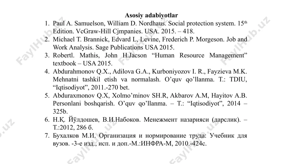 t saytlari www. stat.uz – ўзбекистон республикаси давлат статистика қўмитаси расмий сайти. www.mf.uz – ўзбекистон республикаси молия вазирлиги сайти www.cer.uz – иқтисодий тадқиқотлар маркази сайти www.minekonomy.uz – ўзбекистон республикаси иқтисодиёт вазирлиги сайти www.mehnat.uz – ўзбекистон республикаси бандлик ва меҳнат муносабатлари сайти. www. lex – ўзбекистон республикаси қонун ҳужжатлари маълумотлари миллий базаси. www.nber.com – ақш иқтисодий тадқиқотлар миллий бюроси www.webofrience.com – халқаро илмий мақолалар платформалари www.elibraru.ru – россия илмий мақолалар индекси. режа: 1. “меҳнатни ташкил этиш ва бошқариш” фанининг объекти ва предмети 2. меҳнатни ташкил этиш ва бошқаришнинг мазмуни ва вазифалари 3. меҳнатни ташкил этиш ва уни меҳнат фаолиятидаги ўрни 4. иқтисодиётни модернизация қилиш шароитида “меҳнатни ташкил этиш ва бошқариш” фанининг зарурлиги 5. меҳнатни нормалаш – корхонада ишлаб чиқариш, хизмат кўрсатиш ва меҳнатга ҳақ тўлашни ташкил қилишнинг асоси сифатида корхоналарда ходимлар меҳнат фаолиятининг энг самарали бўлишини таъминловчи атрофлича шароит яратиш мақсадида меҳнатни ўрганиш, такомиллаштириш ва ҳар томонлама асосланган меҳнат нормаларини белгилашнинг …