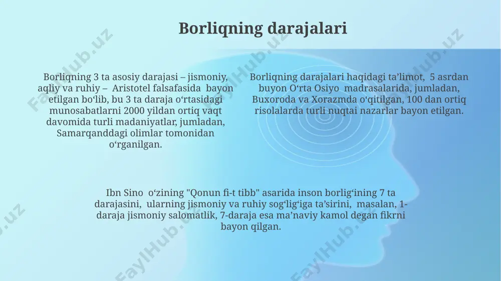 aydi, shuningdek, buyuk britaniya kabi davlatlarda ilmiy tadqiqotlarni qo'llab-quvvatlaydi. kelgusi 10 yil ichida, dunyoning 20 ta yirik universiteti ontologiya bo'yicha yangi o'quv dasturlarini joriy qiladi, bu sohada 5000 dan ortiq yangi mutaxassislarni tayyorlaydi va germaniya va xitoy kabi mamlakatlarda innovatsiyalarni rag'batlantiradi. ontologiyaning asosiy tushunchalari ontologiyaning asosiy tushunchalaridan biri mavjudlik (ekzistensiya) bo'lib, u aristoteldan boshlab 2000 yildan ortiq vaqt davomida falsafa va teologiyaning markaziy mavzusi hisoblanadi. ushbu tushuncha evropa va osiyo madaniyatlarida turlicha talqin qilingan. ontologiyada 3 ta asosiy kategoriya mavjud: modda, shakl va xususiyatlar. bu kategoriyalar obyektlarning tabiati va ularning o'zaro munosabatlarini tushunish uchun 17-asr faylasuflari tomonidan ishlatilgan. ontologiyaning asosiy muammolaridan biri – ko'p sonli mavjudliklarning birligi yoki ko'plik masalasidir. bu muammo hindiston falsafasida ham, zamonaviy g'arb ontologiyasida ham muhokama qilinadi. vaqt va fazo ontologiyasi vaqt va fazo ontologiyasida samarqanddagi tarixiy yodgorliklarning 1500 yildan ortiq davr mobaynida o'zgarishi 3d modellashtirish orqali o'rganilgan. o'zbekistondagi 5 ta yirik shaharning fazoviy tarqalishi vaqt …