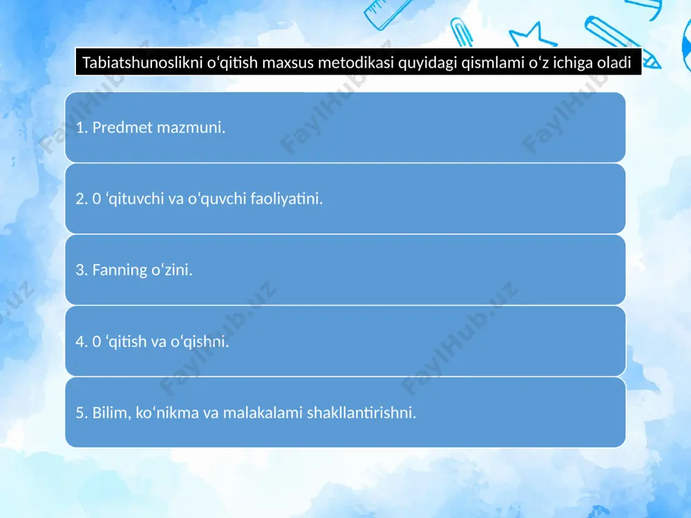 hni talab qiladi. tabiatshunoslik fanini o'qitishda ta’lim integratsiyasi va innovatsiyasi guruh mashg'ulotlariga yosh geograflar, yosh tabiatshunosh kabi klub ishlari kiradi. individual mashg'ulotlar devoriy gazetalar, albomlar chiqa rishni; jonli tabiat burchagi va maktaboldi o'quv-tajrib maydonidagi, tabiatdagi ishlarni; darsdan tashqari o‘qish va axborot burchagi uchun tabiatshunoslik mazmunidagi materiallar tanlashni, bolalar ilmiy-ommabop kitoblariga taqriz yozishni o‘z ichiga oladi. foydalanilgan adabiyotlar 1. belskaya y.m., grigoryans a.g. tabiatshunoslikni o'qitish. —т., 1986. 2. belskaya y.m., grigoryans a. g. tabiatshunoslikni o'qitish (3- qism). -т ., 1988. 3. belskaya y.m., grigoryansa.g. tabiatshunoslikni o'qitish (4-qism). -т ., 1991. 4. tursunov q.m., nuriddinova m.l. boshlang'ich sinflarda ekologik tarbiya asoslari (o'quv qo'llanma). samarqand, 2003. 5. пакулова в.м., кузнецова м.и. методика преподавания природоведения. м., 1990. 6. pulatova х.м. tabiatshunoslikni maxsus o'qitish metodikasidan (ma’ruza matnlari). т., 2000. 7. rasulov m. o'rta osiyo tabiatshunoslik fanlari tarixi. т., 1993. e’tiboringiz uchun raxmat ! image2.jpeg image3.png image4.png image5.png image6.png image7.png image1.jpeg /docprops/thumbnail.jpeg