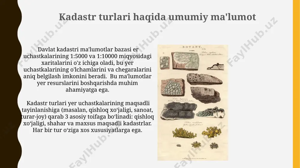 larining chegaralarini aniqlash mumkin, bu esa yer kadastrini tuzishda xatoliklarni kamaytiradi. raqamli yer kadastri raqamli yer kadastri yer uchastkalari haqidagi ma’lumotlarni 3d modellashtirish, sun’iy yo‘ldosh suratlari va gps texnologiyalari yordamida yuqori aniqlikda (10 sm gacha) saqlashni ta’minlaydi. ushbu tizim orqali 100 000 dan ortiq yer uchastkasining koordinatalari, maydoni va chegaralari haqidagi ma’lumotlarni tezda qidirish va tahlil qilish mumkin bo‘ladi, bu yer resurslarini boshqarishni ancha osonlashtiradi. kadastr huquqiy asoslari kadastr yuritish jarayoni 5 bosqichdan iborat bo'lib, ularning har biri aniq tartib va nazorat mexanizmlariga ega, bu esa xatolar sonini 10% dan kamroq darajada ushlab turishga yordam beradi. davlat kadastri ma’lumotlarining aniqligi va ishonchliligi uchun javobgarlik 3 ta asosiy davlat organiga yuklatiladi: yer resurslari, davlat geodeziya va kartografiya va adliya vazirliklariga. kadastr xaritalari va ularning turlari kadastr xaritalari turli maqsadlar uchun, masalan, yer solig'ini hisoblash, yer uchastkalarini tasarruf etish va ekologik monitoring o'tkazish uchun 20 dan ortiq qatlamli ma'lumotlarni o'z ichiga olishi …