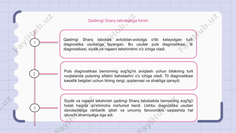 mutanosiblik va kasalliklarni aniqlashda muhim ahamiyatga ega edi. an'anaviy koreya tibbiyotida o'simlik diagnostikasi insonning umumiy farovonligiga qaratilgan. bemorda mavjud bo'lgan nozik belgilar va alomatlarni tahlil qilib, an'anaviy koreys tibbiyoti amaliyotchilari o'zlarining sog'lig'i bilan bog'liq muammolarni hal qilish uchun shaxsiylashtirilgan o'simliklarni davolash usullarini yaratishlari mumkin. 1 2 3 an'anaviy vetnam tibbiyotida diagnostika usullari qadimgi sharq tabobati salomatlik nomutanosibligini aniqlash uchun turli diagnostika usullaridan, masalan, yurak urishi va tilni tekshirishdan foydalangan. an'anaviy vetnam tibbiyoti kasallikning aniq tashxisini qo'yish uchun bemorning alomatlarini kuzatish, siydik tahlili va so'roqqa tayangan. ushbu amaliyotlardagi diagnostika usullari tananing ichki energiyasi, ya'ni qi sifatida tanilgan, umumiy salomatlikni boshqaradi, degan ishonchga asoslangan edi. qadimgi sharq tabobatida diagnostika usullarining qiyosiy tahlili qadimgi sharq tabobatida diagnostika usullari yaxlit yondashuvga asoslangan bo'lib, nafaqat simptomlarni, balki bemorning umumiy farovonligini ham tahlil qiladi. diagnostika usullarini qiyosiy tahlil qilish puls diagnostikasi, tilni tekshirish va kuzatish orqali naqshni aniqlash kabi turli xil usullarni ochib beradi. bu usullar …
