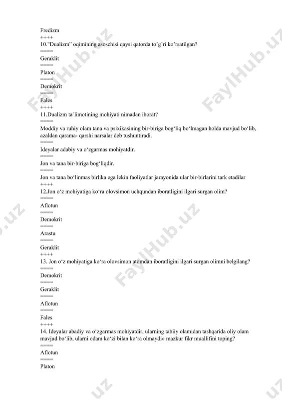 faoliyat kо‘rsatishidir ==== ong -mehnat faoliyati jarayoni va natijasi ++++ 19.ong osti holatlari deb nimaga aytiladi? ==== aktual ravishda anglab olinmaydigan psixik jarayonlar va psixik holatlar yig’indisi. odamning xatti -harakatlari va uning ongi mazmuniga ta'sir etishga qodir. ==== insonning о‘z oldiga aniq maqsad kо‘yib, faoliyat kо‘rsatishidir ==== mehnat faoliyati natijasida anglab yetilgan holat ==== psixika dunyoni umumlashtirib aks ettirish xususiyat ++++ 20.ongni nechta xossasi mavjud? ==== 3 ==== 4 ==== 2 ==== 6 ++++ 21.psixika nima? ==== psixika dunyoni umumlashtirib aks ettirish xususiyati ==== psixika bizning sezgilarimiz, fikr va mulohazalarimiz, kechinmalarimizdir ==== yuksak darajada tashkil topgan materiyaning obyektiv voqelikni aks ettirishdan iborat ==== psixika narsa va xodisalarning muhim xususiyatidir ++++ 22.qaysi qatorda inson miyasining og’irligi to’g’ri ko’rsatilgan? ==== 1250-1300g ==== 1250-1350g ==== 1380-1400g ==== 1380-1450g ++++ 23.organizmning tashqi va ichki tasurotlariga markaziy nerv tizimi orqali beradigan javob reaksiyasi.............. deb ataladi? ==== refleks ==== instinkt ==== ko’nikma ==== malaka ++++ 24.refleks …