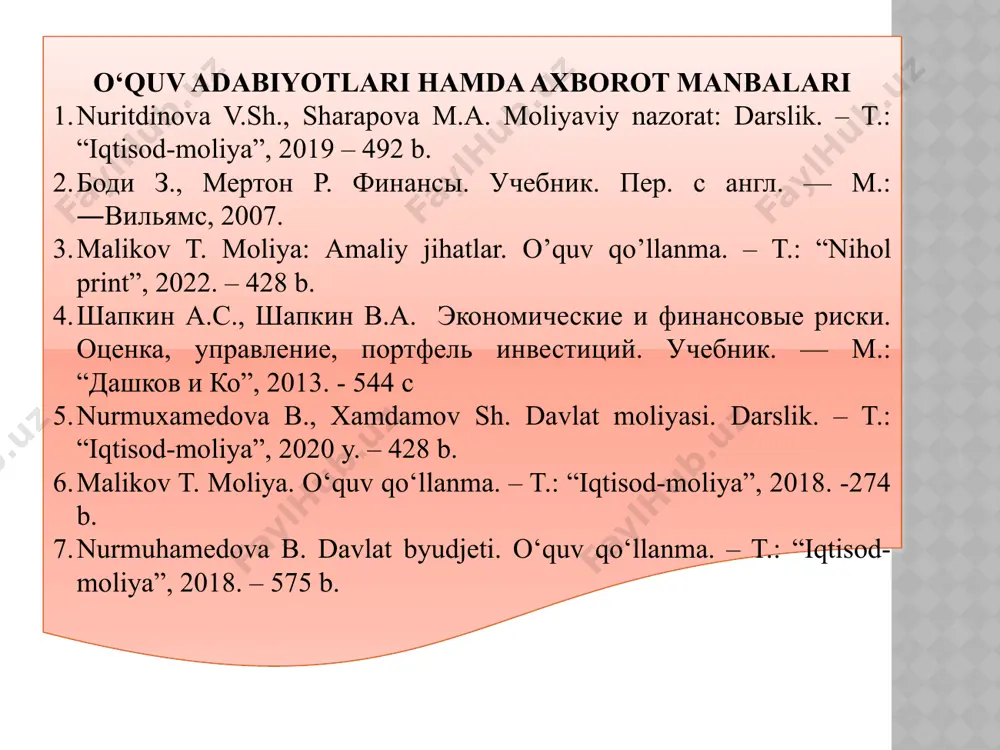йтириш захираларини аниқлаш ҳамда сафарбар қилиш; бюджет тизими бюджетларининг ва белгиланган тартибда ташкил этилган бошқа жамғармаларнинг амалга оширилаётган харажатлари самарадорлиги ҳамда қонунийлигини аудитдан ўтказиш, бу харажатларни барча даражаларда қисқартириш имкониятларини аниқлаш; бюджет тизими бюджетлари маблағлари ва давлат томонидан маблағ жалб қилиш ҳисобидан амалга оширилаётган инвестиция лойиҳаларининг мақсадга мувофиқлиги ҳамда асослилигини баҳолаш; солиқ, божхона ва бюджет тўғрисидаги қонунчиликни такомиллаштиришга, тизимли қоидабузарликлар сабабларини, шунингдек халқаро тажрибани умумлаштириш ҳамда ўрганиш орқали бюджетни режалаштиришнинг замонавий усулларини жорий этишга доир таклифлар ишлаб чиқиш; ўзбекистон республикаси президентининг қарорлари ва топшириқлари тўлиқ ҳамда ўз вақтида бажарилиши устидан назоратни ташкил этиш ва амалга ошириш; ўзбекистон республикасининг республика бюджети ҳамда қорақалпоғистон республикаси бюджети, вилоятлар ва тошкент шаҳар маҳаллий бюджетлари ўртасидаги нисбатнинг мақбуллигини, маҳаллий давлат ҳокимияти органларининг даромадларга оид ваколатлари ҳамда харажатлар бўйича мажбуриятлари чегараланишининг тўғрилигини баҳолаш, уларнинг ўзини ўзи молиявий жиҳатдан етарлича таъминлашига доир таклифлар ишлаб чиқиш; ўзбекистон республикасининг пул-кредит ва валюта сиёсатини, ўзбекистон республикасининг активлари ҳамда мажбуриятлари ҳолатини, …