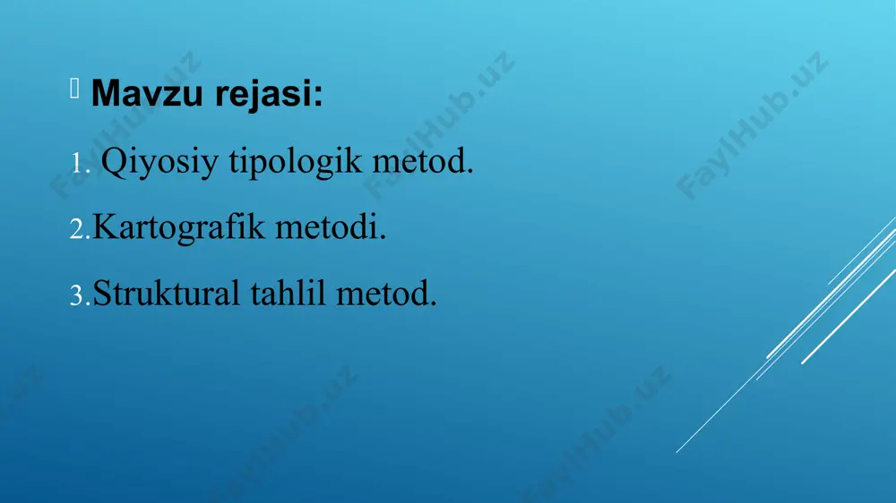 ifodalashning grammatik vositalarini tahlil qilish, o‘z-o‘zidan qiyosiy tadqiqot olib borishni taqozo etadi; 2) tarixiy-tipologik yo‘nalishdagi qiyoslash ijtimoiy taraqqiyotning muayyan bosqichlaridagi o'xshash shart-sharoitlar va tafakkur tarzidagi o‘xshashlik tufayli yuzaga kelgan, ya’ni genetik jihatdan o‘zaro bog‘liq bo‘imagan mushtarakliklarni tadqiq etadi; 3) tarixiy-genetik yo‘nalishdagi qiyosiy tadqiqot natijasida etnogenetik jihatdan kelib chiqishida umumiylik bo‘lib, keyinchalik alohida-alohida holda taraqqiy etgan etnoslar madaniyati o'rganiladi; 4) dunyo xalqlarining o‘zaro madaniy aloqalari, bir-biriga ta’siri va adabiy “o‘zlashtirmalari” natijasida yuzaga kelgan mushtarakliklarni aniqlashga qaratilgan qiyosiy tadqiqot bu tipdagi o‘xshashliklarning genetik ildizlari hamda bu hodisalaming shakllanishi uchun zarur bo‘lgan ijtimoiy taraqqiyot qonuniyatlarini o‘rganadi o’zbek folklorshunoslari folklor asarlarini o‘rganishning quyidagi metodlarini tavsiya etadi: a) bir xalq folklori, uning alohida janrlarini qiyosiytipologik о ‘rganish ”. qiyosiy-tipologik yo‘nalishdagi tadqiqotning bu metodi ma’lum bir xalq folkloridagi epik janrlarga xos o‘xshash syujet, motiv, obraz kabi epik komponentlarni o‘zaro solishtirish asnosida umumiy va o‘ziga xos jihatlarni aniqlash imkonini beradi b) xalqaro qiyosiy-tipologik о ‘rganish. bu tadqiqot …