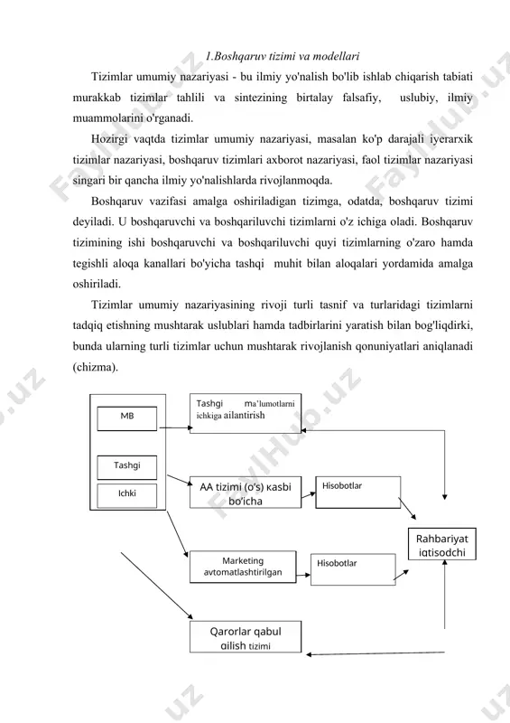 llashning eng kadimiy turi - moddiy modellashdir. lekin, jismoniy va mavhum modellash ham farq qiladi. mavhum modellash asil ob’ektining muhim belgilariga o’xshay oladi hamda ularning vaqt va makondagi xatti-harakatlarini yetarli darajada aniq takrorlanishi mumkin. 2. bhatni matematik ta’minoti bhatni matematik ta’minlash - usullar, modellar va masalalar yechimi algoritmlari majmuidir. matematik ta’minlashni yaratishdan ko'zlangan asosiy maqsad iqtisodiy vazifalari optimal yechimlarni ishlab chiqarishdir. buning uchun matematik statistika usullari, zaxiralarga ommaviy tarzda xizmat ko'rsatish va ularni boshqarish, chiziqkli dasturlash nazariyasi hamda boshqa matematik usullardan foydalaniladi. matematik ta’minlashni ishlab chiqish bunday usullarni yaxshi egallagan mutaxassislar tomonidan bhatni texnikaviy loyihalash payitida vazifalarni yetkazib beruvchilar ishtirokida amalga oshiriladi. vazifalar yechimining iqtisodiy-matematik modellarini tuzishda yechimning maqsadi, optimallik mezoni, cheklashlar, talab etiladigan axborotlar ro’yxati aniqlab olinadi, modellanayotgan jarayenni (vazifa) aks ettiruvchi rasmiy matematik nisbatlar hosil qilinadi. iqtisodiy-matematik modellarni tanlash ko'p jihatdan axborot bilan ta’minlashga boq’liq bo'ladi. chunonchi, ehtiyojni prognozlash modellarida tovarlar sotish to'g'risidagi ma’lumotlardan foydalaniladi. lekin, masalan, ichki …
