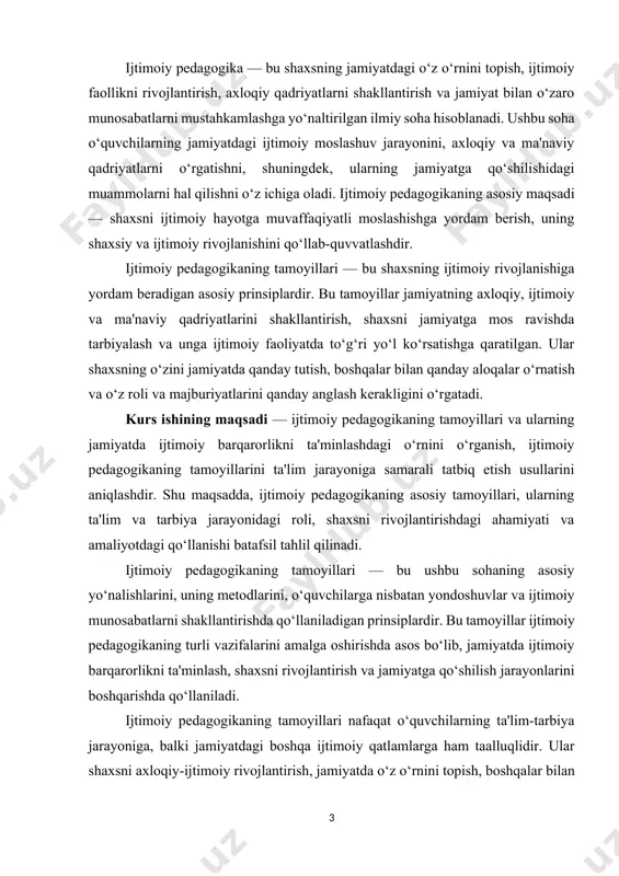 , ijtimoiy pedagogikaning tamoyillarini chuqurroq o‘rganish va ularning pedagogik faoliyatda qanday samarali qo‘llanilishi mumkinligini aniqlashdir. kurs ishining vazifalari: ijtimoiy pedagogikaning tamoyillarini aniqlash va ularning pedagogik faoliyatdagi ahamiyatini tahlil qilish. ijtimoiy pedagogikaning tamoyillarini shaxsning ijtimoiy hayotga moslashuvi, axloqiy va ma'naviy rivojlanishiga qanday ta'sir qilishi haqida o‘rganish. ijtimoiy pedagogikaning tamoyillarini o‘quvchilarning jamiyatga muvaffaqiyatli integratsiyasini ta'minlashda qanday samarali qo‘llanishini ko‘rsatish. ijtimoiy pedagogikaning tamoyillarini jamiyatdagi ijtimoiy barqarorlikka qo‘shgan hissasi va ularning amaliyotga tatbiq etilishi haqida fikrlar yuritish. kurs ishining ahamiyati shundaki, ijtimoiy pedagogikaning tamoyillarini chuqurroq o‘rganish, ta'lim jarayoniga tatbiq etish, o‘quvchilarda ijtimoiy, axloqiy va ma'naviy qadriyatlarni shakllantirish va ijtimoiy hayotga muvaffaqiyatli moslashuvni ta'minlashga yordam beradi. i.bob. ijtimoiy pedagogikaning tamoyillariga umumiy yondashuv 1.1 ijtimoiy pedagogikaning tamoyillari tushunchasi va rivojlanishi. ijtimoiy pedagogika — bu o‘quvchilarning ijtimoiy, psixologik va axloqiy rivojlanishini qo‘llab-quvvatlaydigan, jamiyatda ijtimoiy barqarorlikni ta'minlashga qaratilgan pedagogik faoliyat sohasidir. ijtimoiy pedagogikaning tamoyillari bu sohadagi asosiy yo‘nalishlarni, prinsiplarni belgilaydi va ijtimoiy pedagogning kasbiy faoliyatining boshqaruvchisidir. tamoyillar pedagogik …