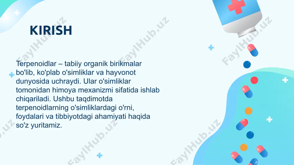 sovuq presslash, yoki solventlar yordamida ekstraktsiya usullari keng qo'llaniladi. bu usullar o'simlikdan yuqori sifatli terpenoidlar olishga yordam beradi. terpenoid saqlovchi o'simliklarning kelajagi terpenoidlar bilan bog'liq tadqiqotlar hali davom etmoqda. yangi texnologiyalar yordamida o'simliklardan terpenoidlarni samarali olish va ularni tibbiyotda ishlatish usullari rivojlanmoqda. kelajakda terpenoidlar asosidagi dori vositalarining ahamiyati yanada ortadi. xulosa terpenoidlar o'simliklar va hayvonlar uchun biologik jihatdan muhim moddalardir. ular faqat o'simliklar tomonidan ishlab chiqarilmaydi, balki ular ekologik tizimda ham muhim rol o'ynaydi. terpenoidlarning dorivor xususiyatlari va ko'plab kasalliklarni davolashdagi samaradorligi ilmiy jihatdan tasdiqlangan. kelajakda terpenoidlar asosida yangi dori vositalari yaratish va ularni turli tibbiy sohalarda qo'llash imkoniyatlari juda katta. o'simliklardan terpenoidlarni samarali va barqaror tarzda olish, ularni tibbiyotda keng qo'llashni davom ettirish uchun yangi ilmiy tadqiqotlar zarur. e’tiboringiz uchun raxmat! image1.png image2.jpeg image3.jpeg image4.jpeg image5.jpeg image6.jpeg
