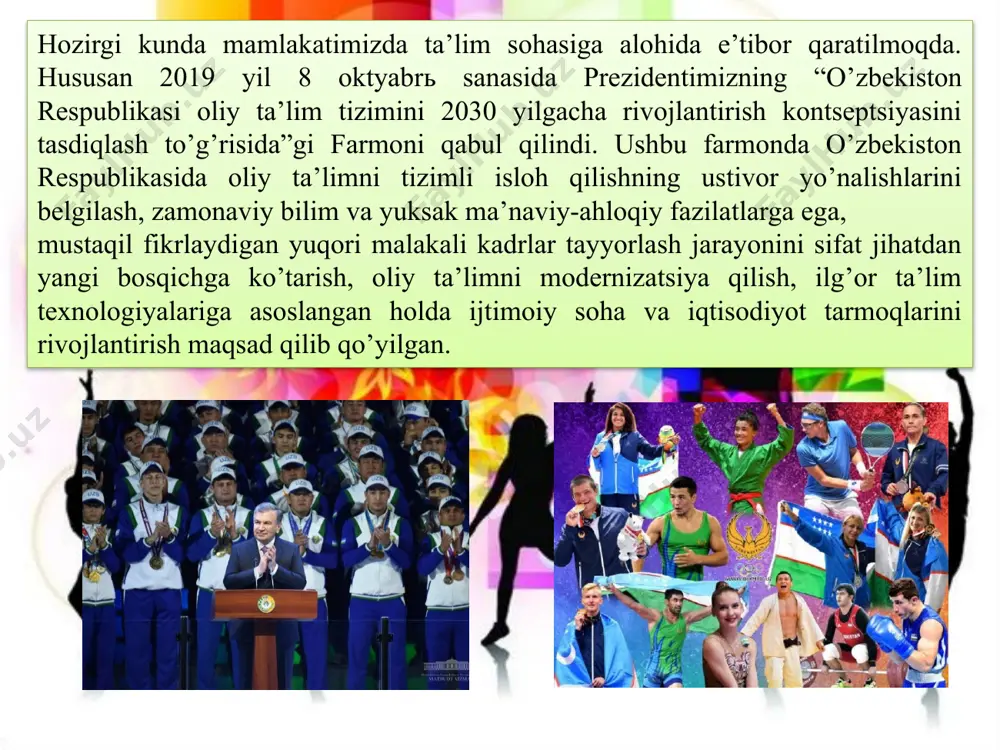 asoslangan. jismoniy madaniyat ta’limi va tarbiyasi jarayoni metodlari; 1) jismoniy mashqlarni kat’iyan reglamentlashtirish; 2) o’yinlar; 3) musobaqalar tarzida amalga oshiriladi. jismoniy mashqlarni kat’iyan reglamentlashtirshi metodlari katta pedagogik imkoniyatlarga ega. ular: 1) shug’ullanuvchilar harakat faoliyatini kat’iy, o’zgarmas qilib ishlangan harakat dasturi (tanlangan mashqlar, ularni bog’lanishi, kombinatsiyalar - bajariladiganlarni uyg’un bajarish tartibi, harakatlarni navbatlashuvi va boshqa)lar asosida amalga oshirishni; 2) jismoniy yuklamani xajmi va intensivligi bajarish sura’tini kat’iy reglamentlashni, shuningdek, shug’ullanuvchilarni ruhiy jismoniy holati dinamikasi va hal qilinadigan vazifalarni reglamentlashni; 3) yuklamalarni bo’laklari (qismlari) oralig’idagi dam olish intervalini aniq me’yorlashni; 4) jismoniy sifatlarni tanlab tarbiyalashni; 5) turli yoshdagi kontingent bilan mashg’ulotlarda jismoniy mashqlardan foydalanishni; 6) jismoniy mashqlar texnikasini samarali o’zlashtirishni; 7) tanlangan harakat aktining (faoliyatining) sur’ati (tempi), ritmi, amplitudasi, harakat fazalarini o’zgarishsiz, berilgan ketma-ketlikda bajarishni reglamentlashtirishni o’z ichiga oladi. ta’lim va tarbiya amaliyotida mashqlarni qat’iyan reglamentlashtirshi metodlari ikki hildagi kichik guruhlarga ajratiladi (a.p.matveev, sb. melьnikov 1991). ular: harakat faoliyatlarini o’qitish metodlari; 2) …