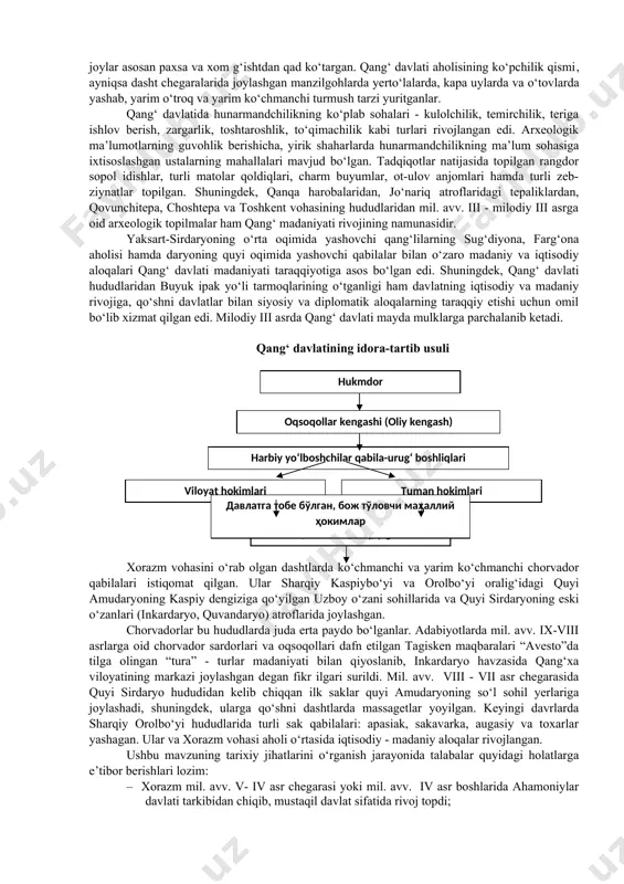 taraqqiyotida ko‘chmanchilar davlatchiligi belgilari borligi bilan ajralib turadi. ov manzarasi. mil. avv. ii - i asrlar. bizga qadar yetib kelgan yozma manbalar va bugunga qadar olingan arxeologik ma’lumotlarga asoslangan tadqiqotchilar qang‘ davlati, uning tarkibi, siyosiy, madaniy va iqtisodiy tarixini yoritishga, mazkur siyosiy birlashmada davlatchilik boshqaruvining shakllanishi va rivojlanishi xususida o‘z munosabatlarini bildiradilar. manbalar qang‘ podsholarining nomlari haqida ma’lumotlar bermaydi. faqat shu narsa ma’lumki, ular o‘z nomlari bilan birgalikda urug‘ nomini ham qo‘llaganlar va «qang‘ xonadoni hukmdori» deb atalganlar. qang‘da saylangan hukmdorning hokimiyati oqsoqollar kengashiga tayangani va ayni paytda kengash tomonidan cheklab qo‘yilganini kuzatish mumkin. qang‘ hukmdorlarining qanday unvon bilan atalganligi ma’lum. ammo, kengashdagi zodagonlar vakillari qanday atalganligi turli bahslarga sabab bo‘lgan. antik davrdagi usunlar, yuechjilar va qang‘larning hukmdorlari yabg‘u unvoni bilan atalgan. qang‘ davlati olib borgan tashqi siyosat qo‘shni davlatlar bilan savdo-sotiq aloqalarini o‘rnatish, keskinlashgan vaziyatning oldini olish va o‘z chegarasida osoyishtalik o‘rnatishga qaratilgan edi. shu bilan birgalikda, payti kelganda …