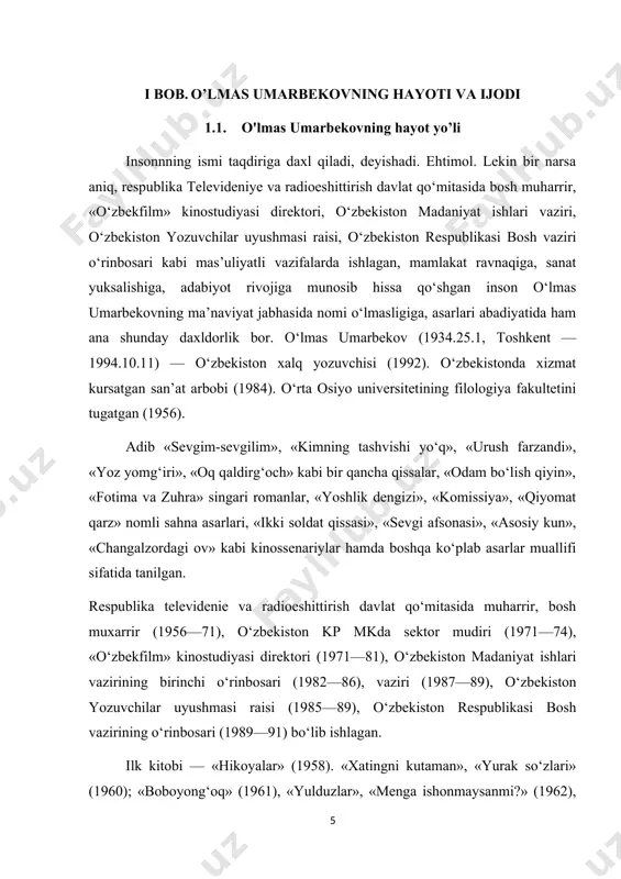 «yigit va qiz» (1967), «asosiy ko‘n» (1971), «ikki soldat qissasi» (1973), «changalzordagi ov», «sevgi afsonasi» (1985) va boshqa kinostsenariylarning mualliflaridan biri. hayotning botiniy qatlamlarini chuqur o‘rganish va tahlil etish, inson taqdirida ro‘y bergan ziddiyat va holatlarni, belgilarni umumlashtirish, badiiy tafakkur tarozisiga qo‘yish, lirizmga moyillik, inson xarakterini uning ruhiy holati, histuyg‘ulari orqali ochib berish o‘lmas umarbekovning ijodiy uslubiga xos xususiyatlardir. asarlari xorijiy tillarga tarjima qilingan. hamza nomidagi o‘zbekiston davlat mukofoti laureati (1980). adib 1956-1971 yillarda radioda adabiyot bo‘limini boshqardi. asarlari turli mukofotlarga loyiq ko‘rila boshladi. bir daf’a o‘zbekistondan taniqli yosh yozuvchi sifatida bolgariyaga safarga borib, yordan milev degan adib bilan do‘stlashib qaytdi. o‘sha kezlarda meni bir yo‘qladi deydi miraziz a’zam: — qayoqlardasiz, nega matbuotda ko‘rinmaysiz? bir nimalar yozyapsizmi o‘zi? — deb surishtirdi. — ha, bolalarga yozgan she’rlaringizdan xabarim bor… kattalarga ham yozing… — indamay turganimdan so‘ng maqsadga ko‘chdi: — meni bolgariyalik shoirlar tog‘larga olib chiqib, rosa mehmon qilishdi. va o‘z she’r …