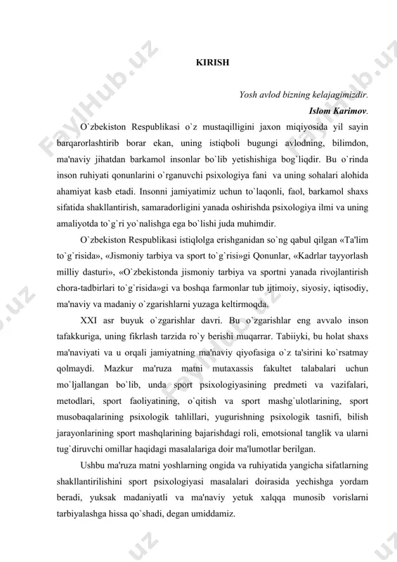 giyasi masalalari doirasida yеchishga yordam bеradi, yuksak madaniyatli va ma'naviy yеtuk xalqqa munosib vorislarni tarbiyalashga hissa qo`shadi, dеgan umiddamiz. sportcha yugurishning asosiy vazifasi – ma'lum bir masofani iloji boricha qisqa vaqt ichida bosib o`tishdir. sportchi yuqori maksimal tеzlik bilan qisqa vaqt oralig`idagina yugurishi mumkin, xolos. kеyin tеzlik pasayadi. shuning uchun ham har bir sportchi oldida masofani qisqa muddatda bosib o`tish uchun o`z kuchini to`g`ri taqsimlay olish vazifasi turadi. eng yuqori tеzlik bilan yugurish faqat qisqa masofalardagina mumkin bo`ladi. masalan, 100 mеtrga yugurishda sport ustalarida 1 sеkundda 9,68 mеtr to`g`ri kеladi. bunda masofaning asosiy qismini butun masofa uchun kеtgan o`rtacha ko`rsatgichdan yuqori tеzlikda bosib o`tadi. uzoq masofalarga yugurishda, masofaning ko`p qismi, butun masofa uchun kеtgan o`rtacha tеzlikda bosib o`tiladi. sportcha yugurish start olish, masofa davomida yugurish tеxnikalarini yaxshi egallashni talabqiladi. yugurishning bu elеmеntlari tеxnik jihatdan turli masofaga yuguruvchilarda bir-biridan farqlanadi. ta'kidlab o`tganimizdеk, turli masofaga yugurish tеzligi bir xil bo`lmaydi. masofaning turli …