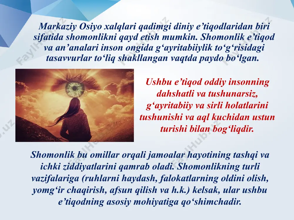 gaplashmasligi va faqat o‘z uyida yaqin kishisi tomonidan pishirib berilgan pok ovqatni yeyishi lozim bo‘lgan. folbin-baxshilarga asosan ayollar yaqinlari kasal bo‘lib yotib qolganda, oilaviy hayotlarida o‘zaro kelishmovchiliklar yuz berganda, biror buyumi yoki jonivorlari yo‘qolganda, farzandsizlik holatida, umuman, oila turmush tarzida og‘ir vaziyatlarda murojaat qiladilar. shomonlik, folbin-baxshichilik (yoki azayimxonlik) amallari juda xilma-xil va keng qamrovlidir. ushbu vazifalarni muvaffaqiyatli amalga oshirishda shu toifadagi kishilar benihoyat ulkan g‘ayritabiiy qobiliyat sohiblari bo‘lmog‘i lozim deb hisoblashgan. uchinchidan, kelajak va inson taqdirini oldindan bashorat qilib, shu jumladan, uzoq masofada yashovchi kishilar taqdirini ham oldindan aytib bergan birinchidan, kasallik sababi va uni davolash yo‘llarini bilish. ikkinchidan, turli-tuman marosimlar asosida bemorlarni davolash. to‘rtinchidan, bedarak ketgan odamlar, yo‘qolib qolgan hayvonlar va narsa-buyumlarni qidirib topish. shomonlar homiy ruhlar yordamida asosan quyidagi to‘rtta muhim vazifani bajarganlar. baxshi oldiga kelgan bemorning qaysi a’zosi og‘riyotganligini bemor tashrifi tufayli uning o‘zining ham tanasidagi o‘sha a’zo og‘rishidan bilib olar ekan. marosim davomida baxshi bilan birga …