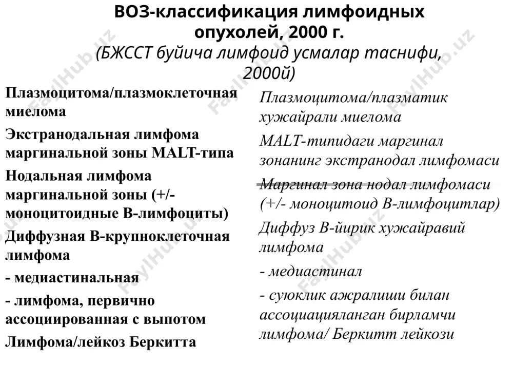 а, центральная нервная система, яички. часто гиперлейкоцитоз морфология т-лимфобластов не отличается от в-лимфобластов, цитохимия: т-лимфобласты проявляют активность кф в виде фокального пятна. иммунофенотип: tdt, cd1a, cd2,cd3,cd4,cd5,cd7,cd8. цитогенетика: многочисленные транслокации гена т-клеточного рецептора. т-лимфобластный лейкоз из клеток-предшественников/лимфобластная лимфома (утмишдош хужайралардан ривожланувчи т-лимфобластлейкоз/лимфобласт лимфома) усмага оид булмаган аналоги тимусда табакаланишнинг антигенга боглик булмаган боскичида аникланади. болаларда учрайдиган барча уткир лимфобласт лейкозларнинг 15%ини ташкил килади. касаллик клиникасининг узига хослиги: куп холатларда жараенга кукс оралиги, сероз каватлар кушилади ва плеврал суюклик ажралиши кузатилади. усманинг бошка ерларда жойлашиши – тери, лимфатик тугунлар, жигар, талок, вальдейер халкаси, мрказий нерв системаси, тухумлар. купрок гиперлейкоцитоз т-лимфобластлар морфологияси в-лимфобластлардан фарк килмайди цитохимия: т-лимфобластлар кф фаоллигини фокал дог куринишида намоен килади. иммунофенотип: tdt, cd1a, cd2,cd3,cd4,cd5,cd7,cd8. цитогенетика: т-хужайра рецептори генининг куп сонли транслокацияси. в-клеточные опухоли из зрелых (периферических) клеток (периферик коннинг етук хужайраларидан ривожланувчи в-хужайра усмалари) лейкозы (лейкозлар) хронический лимфолейкоз пролимфоцитарный лейкоз волосатоклеточный лейкоз множественная миелома сурункали лимфолейкоз пролимфоцитар лейкоз соч …